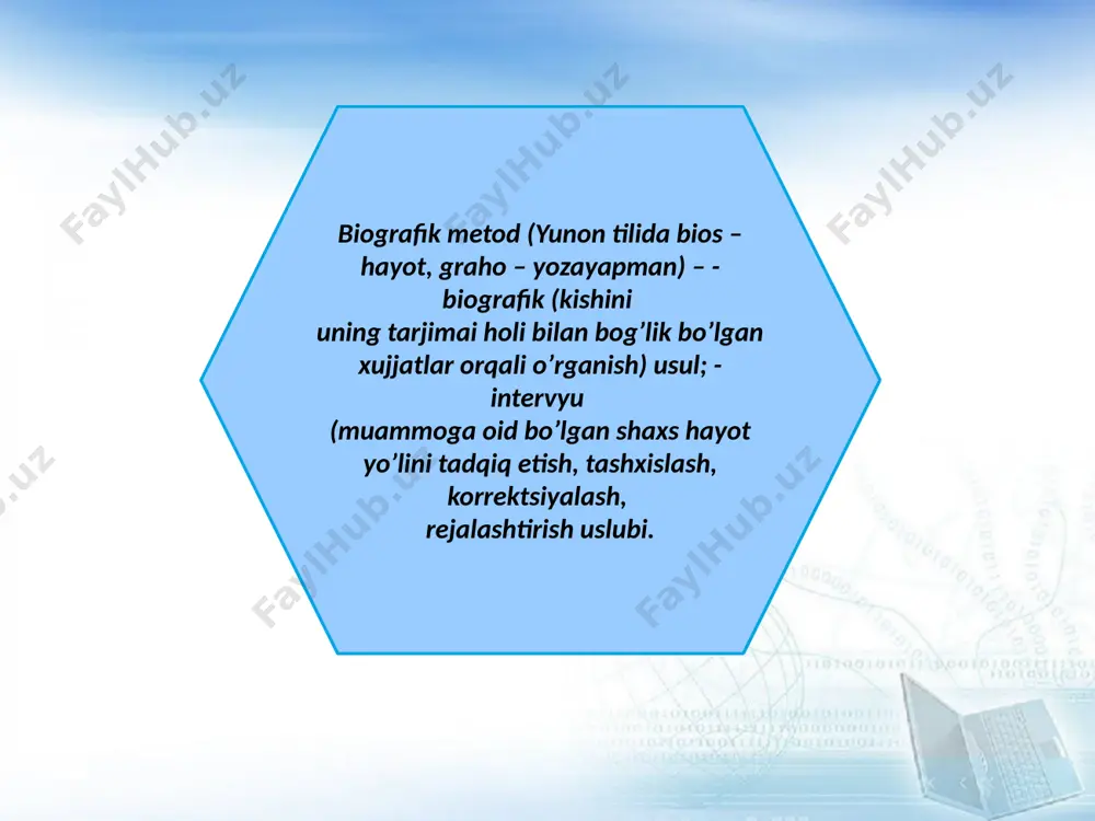 lanilgan. biografik metod sinaluvchi ichki ruxiy dunyosini tushunish turli xayotiy vaziyatlardagi xulqiy koʼrinishlarni shakllantirish imkonini beradi.biografik tahlilning o'ziga xosligi uning shaxs, guruh (masalan, oila), tashkilot hayoti aspektlarini sub'ektiv talqin qilishga qaratilganligi hisoblanadi voqea-hodisalarni og'zaki yoki hujjatli tasvirlashda rivoyat qiluvchining o'zi nuqtai nazaridan hayotiy voqea sub'ekti ushbu voqealarni boshdan kechirishi, izohlashi va belgilashi shaklida bo'ladi. psixologiyadagi biografik yondashuv (inglizcha biografik yondashuv, hayot tarixi) - sotsiologik nominalizm va sotsiologik konstruktivizm paradigmalariga asoslangan sotsiologiyada sifatli tadqiqot usullaridan biri ular hayot tarixini, aytilgan yoki bildirilgan hayotning guvohliklarini, o'sha hayotni o'tkazganlar nuqtai nazaridan o'lchash va baholash usullari. u ma'lumot to'plash, xatlar, suhbatlar, kundaliklar, kuzatuv protokollari va uni tahlil qilish usullaridan iborat. biografik metodning mohiyati ma'lum bir shaxs qanday mexanizmlar va hodisalar tug'ilishi va kelajakda o'z taqdirini qanday shakllantirish natijasida, savolning javobida yotadi. biografik metodning psixologiyadagi afzalligi ma'lum xususiyatlar, elementlar to'plami emas, balki ajralmas shaxsni o'rganishning ajralmas imkoniyatidir. “biograf uchun shaxsiyat yaxlit, yaxlitdir. har qanday o'ziga …