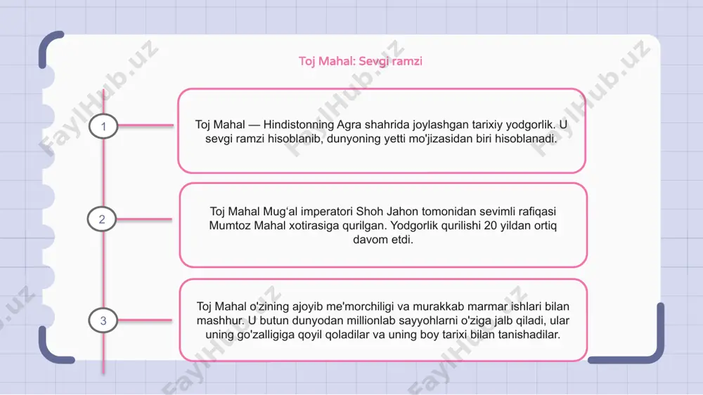 jallangan. piramidalar kuchli va bardoshli strukturani yaratish uchun ehtiyotkorlik bilan joylashtirilgan yirik toshlar yordamida qurilgan. piramidalarning kattaligi va murakkabligi bugungi kunda ham odamlarni hayratda qoldiradi va ilhomlantiradi. ular qadimgi misrliklarning ilg'or muhandislik va me'morchilik mahoratidan dalolat beradi. machu picchu: inkalarning yo'qolgan shahri inkalarning yo'qolgan shahri machu-pikchu o'zining ta'sirchan arxitekturasi va ajoyib tog'li joylashuvi bilan mashhur bo'lgan tarixiy yodgorlikdir. 15-asrda qurilgan bu qadimiy qal'a bir vaqtlar gullab-yashnagan inka shahri bo'lgan va hozirda dunyoning yangi yetti mo'jizasidan biri hisoblanadi. sayt o'zining yaxshi saqlanib qolgan tosh inshootlari, jumladan ibodatxonalar, saroylar va teraslar bilan ajralib turadi, bularning barchasi inka tsivilizatsiyasi va ularning ilg'or muhandislik qobiliyatlari haqida tushuncha beradi. 1 2 3 ozodlik haykali: ozodlik mayoqi ozodlik haykali dunyodagi eng mashhur tarixiy yodgorliklardan biridir. bu frantsiyaning qo'shma shtatlarga sovg'asi edi va 1886 yilda bag'ishlangan. haykal erkinlik va demokratiyani ifodalaydi va amerikaga kelayotgan muhojirlar uchun umid ramziga aylandi. angkor vat: yuneskoning jahon merosi ob'ekti angkor wat …