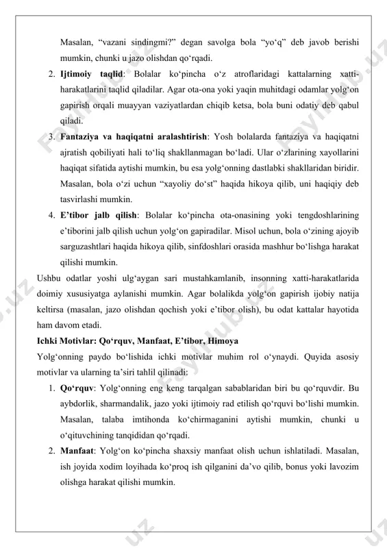 g ta’siri tahlil qilinadi: 1. qo‘rquv: yolg‘onning eng keng tarqalgan sabablaridan biri bu qo‘rquvdir. bu aybdorlik, sharmandalik, jazo yoki ijtimoiy rad etilish qo‘rquvi bo‘lishi mumkin. masalan, talaba imtihonda ko‘chirmaganini aytishi mumkin, chunki u o‘qituvchining tanqididan qo‘rqadi. 2. manfaat: yolg‘on ko‘pincha shaxsiy manfaat olish uchun ishlatiladi. masalan, ish joyida xodim loyihada ko‘proq ish qilganini da’vo qilib, bonus yoki lavozim olishga harakat qilishi mumkin. 3. e’tibor: ba’zi odamlar o‘zlarini boshqalardan ajratib ko‘rsatish yoki e’tibor markazida bo‘lish uchun yolg‘on gapiradilar. masalan, ijtimoiy tarmoqlarda odamlar o‘z hayotlarini bo‘rttirib ko‘rsatib, ko‘proq “layk” yoki izoh olishga intiladilar. 4. himoya: yolg‘on boshqa odamlarning his-tuyg‘ularini himoya qilish uchun ham ishlatiladi. masalan, do‘stining yangi kiyimini yoqtirmagan bo‘lsa-da, “juda chiroyli” deb aytishi mumkin, chunki u do‘stini xafa qilishni xohlamaydi. yolg‘on turlari yolg‘onning turli shakllari mavjud bo‘lib, ular maqsad, niyat va ta’sir darajasiga qarab farqlanadi. quyida yolg‘onning asosiy turlari va ularning xususiyatlari tahlil qilinadi. oq yolg‘on (bezarar) oq yolg‘on – bu …