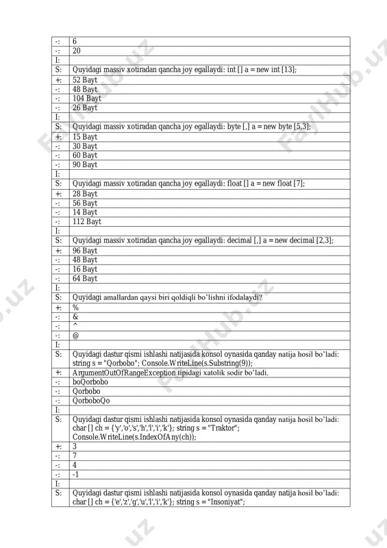 -: iston -: argumentoutofrangeexception tipidagi xatolik sodir bo‟ladi. i: s: quyidagi dastur qismi ishlashi natijasida konsol oynasida qanday natija hosil bo‟ladi: string s = "mustaqillik"; console.writeline(s.substring(7)); +: llik -: illik -: lik -: argumentoutofrangeexception tipidagi xatolik sodir bo‟ladi. i: s: quyidagi dastur qismi ishlashi natijasida konsol oynasida qanday natija hosil bo‟ladi: char [] ch = {'e','z','g','u','l','i','k'}; string s = "vatanparvar"; console.writeline(s.indexofany(ch)); +: -1 -: 6 -: -3 -: 7 i: s: quyidagi dastur qismi ishlashi natijasida konsol oynasida qanday natija hosil bo‟ladi: char [] ch = {'k','i','t','o','b'}; string s = "universitet"; console.writeline(s.lastindexofany(ch)); +: 10 -: 8 -: -1 -: 7 i: s: quyidagi dastur qismi ishlashi natijasida konsol oynasida qanday natija hosil bo‟ladi: char [] ch = {'h','i','s','o','b'}; string s = "davlat"; console.writeline(s.lastindexofany(ch)); +: -1 -: 6 -: 4 -: 3 i: s: quyidagi dastur qismi ishlashi natijasida konsol oynasida qanday natija hosil bo‟ladi: string c="inson", s = "parvar"; if …
