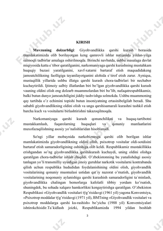 "tabiiyki, narkotik moddalarning bir qismi bizning mintakamizga singib ketmokda. bu esa jinoyatchilikning o’sishiga, yoshlarning buzilishiga, hatto millatning genofondi aynitpiga sabab bo’lmoqda" respublika huquqni muxofaza qiluvchi organlari va sog’liqni saqlash muassasalarining ma`lumotlariga ko’ra, 2007 yilda doimiy ravishda giyohvandlik vositalarini istemol qiluvchi fuqarolar 14400 nafar bo’lgan bo’lsa, 2008 yilning boshlarida bu ko’rsatkich 25 mingga yaqinlashgan. yuqoridagi ma`lumotlardan ko’rinib turibdiki, giyohvandlik vositalariga ruju qo’yganlar soni 2008 yilda 2007 yilga nisbatan 40 % ga ortgan. respublikamizda 2009 yilga kelib ro’yxatga olingan giyohvandlarning soni 38 mingga yaqin kishini tashkil etgan. biroq bu ko’rsatkichlar respublikamizdagi giyohvandlik vositalari bilan bog’liq haqiqiy vaziyatni to’liq aks ettirmaydi. o’zbekiston respublikasi mxx xodimlarining tezkor ma`lumotlariga ko’ra haqiqiy ahvol rasmiy ro’yxatga olinganlar sonidan ko’ra 10-15 marotaba ko’pdir. bundan tashqari o’tkazilgan tadkiqotlarning natijalariga ko’ra giyohvandlik vositalarini iste`mol qilishga bo’lgan talab ham tobora ortib bormokda. taxlillarning ko’rsatishicha keyingi yillarda giyohvandlikning ijtimoiy negizi sifat jihatdan o’zgardi. bu illatning eng xavfli jihati shundaki, giyohvandlik voyaga etmaganlar …