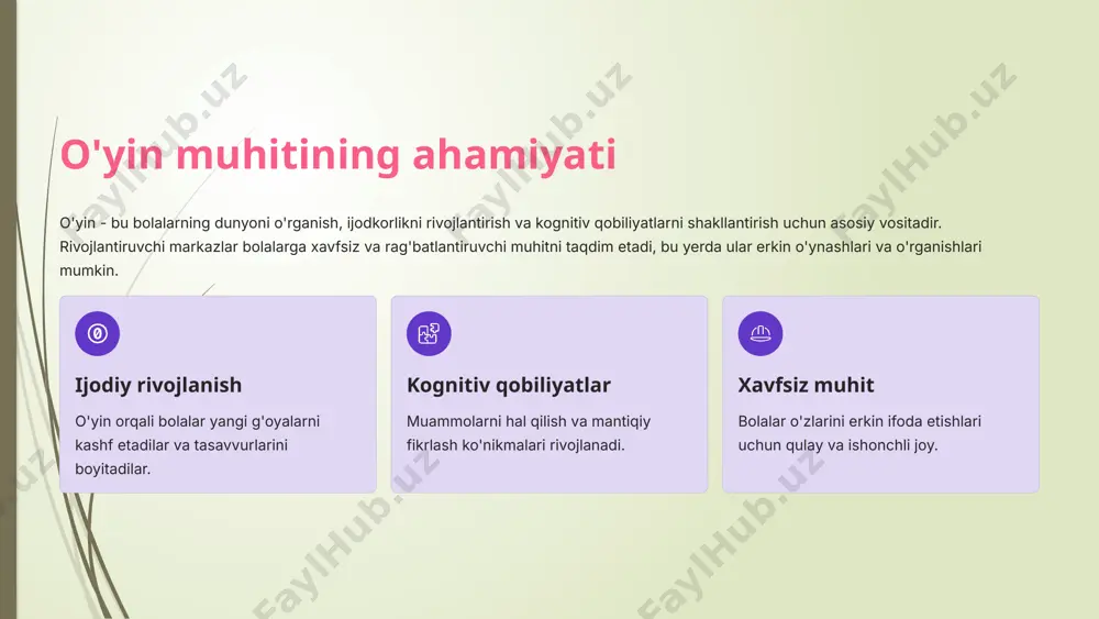 almashish va rolli o‘yinlarni amalga oshirish imkonini beradi. 6. rivojlantiruvchi jihatlar o‘yin muhiti bolaning bilish faoliyatini rag‘batlantirishi zarur. har bir markaz (matematika, nutq, tabiat, san’at va boshqalar) uchun alohida o‘yin vositalari tayyorlanishi lozim. 7. tarbiyaviy yo‘naltirilganlik muhit orqali bolalarga mehnatsevarlik, tartiblilik, tozalikka rioya qilish, buyumni joyiga qo‘yish odati singdiriladi. milliy qadriyatlar va madaniy an’analar o‘yinda aks etishi muhim. 1. xavfsizlik va qulaylik o‘yin muhiti bolalar uchun xavfsiz bo‘lishi kerak. jihozlar mustahkam, xavf tug‘dirmaydigan shaklda bo‘lishi muhim. xona harorati, yorug‘ligi va havosi bolalarning sog‘lig‘iga mos bo‘lishi zarur. 2. rang-baranglik va estetik bezak muhit yorqin, jozibador va bolalarda ijobiy kayfiyat uyg‘otadigan bo‘lishi kerak. milliy bezaklar, tabiat tasvirlari, turli o‘yinchoqlar estetik tarbiya vositasi sifatida muhim ahamiyatga ega. 3. o‘yinchoqlar va jihozlarning mosligi yosh xususiyatlariga mos o‘yinchoqlar tanlanadi. ta’limiy, didaktik, harakatli va ijodiy o‘yinlar uchun zarur materiallar bo‘lishi kerak. o‘yinchoqlar soni yetarli bo‘lib, barcha bolalarga imkoniyat yaratiladi. rivojlantiruvchi markazlarda o'yin orqali erishiladigan natijalar kelajak …
