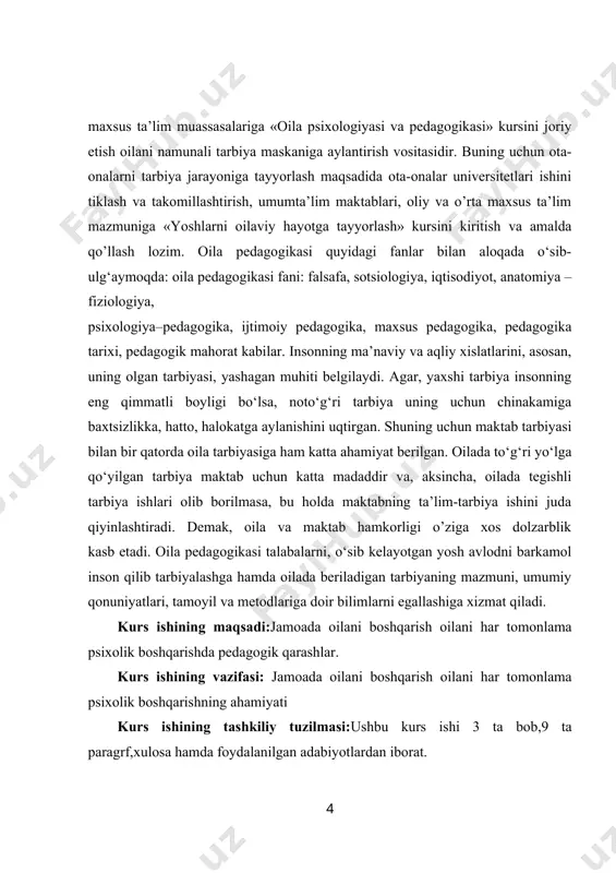 biyalashga hamda oilada beriladigan tarbiyaning mazmuni, umumiy qonuniyatlari, tamoyil va metodlariga doir bilimlarni egallashiga xizmat qiladi. kurs ishining maqsadi:jamoada oilani boshqarish oilani har tomonlama psixolik boshqarishda pedagogik qarashlar. kurs ishining vazifasi: jamoada oilani boshqarish oilani har tomonlama psixolik boshqarishning ahamiyati kurs ishining tashkiliy tuzilmasi:ushbu kurs ishi 3 ta bob,9 ta paragrf,xulosa hamda foydalanilgan adabiyotlardan iborat. jamoa haqida tushunchasi va uning mohiyati. 1.1. jamoa haqida tushuncha, uning xususiyatlari va vazifalari. jamoa (lotincha «kollektivus» so‘zining tarjimasi bo‘lib, yig‘ilma, omma, birgalikdagi majlis, birlashma, guruh) bir necha a’zo (kishi)lardan iborat bo‘lib, ijtimoiy ahamiyatga ega umumiy maqsad asosida tashkil topgan guruh demakdir. turkiyzabon xalqlarda, jumladan o‘zbeklarda jamoa azaldan ijtimoiy birlikni anglatib kelgan. odamlarning jamoa bo‘lib yashashi zaruriyatini suqrot, platon, aristotel, markaziy osiyo mutafakkirlari forobiy, beruniy, ibn sino, ulug‘bek, alisher navoiy va boshqalar ilmiy asoslab berganlar. ayniqsa, buyuk faylasuf olim abu nasr forobiy o‘zining asarlarida jamoa bo‘lib yashashga tabiiy moyillik inson turmush tarzining mazmunini tashkil etishini …