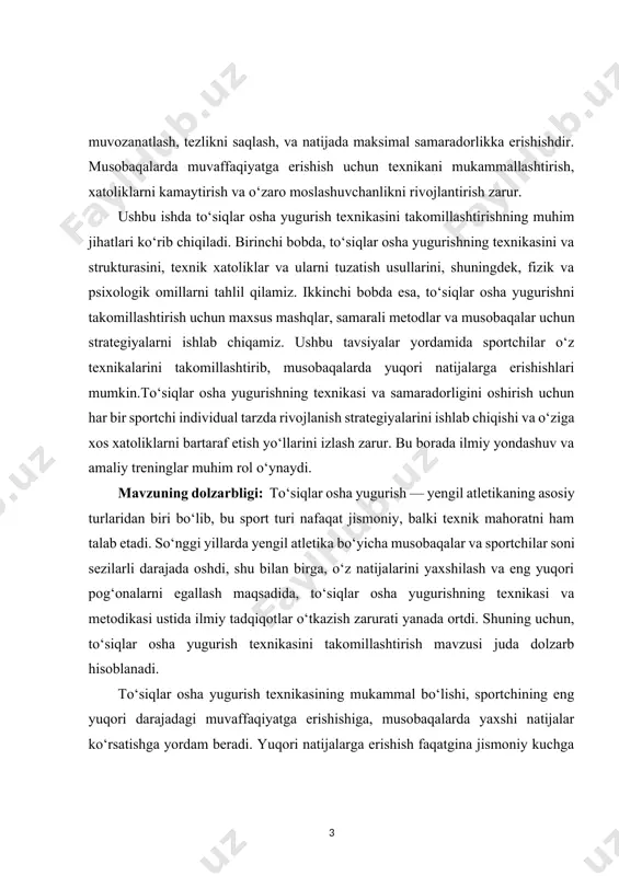 agi yondashuvni tanlash juda muhim hisoblanadi.to‘siqlar osha yugurishning texnikasi bilan bog‘liq masalalar nafaqat sportchilar, balki murabbiylar va ilmiy tadqiqotchilar uchun ham doimiy e’tibor markazida turadi. shuningdek, to‘siqlar osha yugurishning takomillashtirilgan metodlari va yangi yondashuvlar sportning bu sohasida raqobatni kuchaytirish va global miqyosda yuqori natijalarga erishish imkoniyatini yaratadi. mavzuning dolzarbligi shundaki, texnikaning mukammalligi va strategiyaning samaradorligi, nafaqat sportchilarning individual rivojlanishiga, balki jamoa sifatida muvaffaqiyatga erishishga ham katta ta’sir ko‘rsatadi. mavzuni o‘rganish orqali nafaqat individual sportchilarni, balki umumiy yengil atletika sohasini ham rivojlantirish mumkin. shu bilan birga, mamlakatimizning xalqaro sport maydonlarida yuqori natijalarga erishish uchun to‘siqlar osha yugurish texnikasining rivojlanishi va takomillashuvi muhim o‘rin tutadi.shunday qilib, to‘siqlar osha yugurish texnikasini takomillashtirish mavzusi nafaqat o‘quvchilar, balki murabbiylar va sportchilar uchun ham katta ahamiyatga ega. bu mavzu orqali sportchilarning texnikasi va samaradorligini oshirish, musobaqalarda muvaffaqiyatga erishish, yangi metodlarni amaliyotga tadbiq etish imkoniyatlari yaratilib, sportning bu sohasini rivojlantirishga katta hissa qo‘shadi. kurs ishining maqsadi: to‘siqlar …