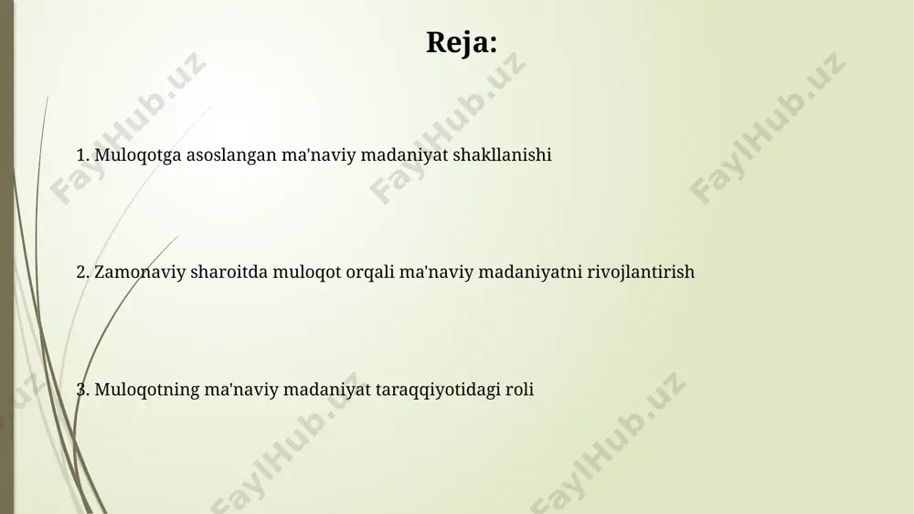 exnologiyalarining rivojlanishi muloqotga asoslangan ma'naviy madaniyatni shakllantirishda yangi imkoniyatlar, jumladan, virtual diniy ta'lim platformalarini yaratishni ta'minlaydi. ma'naviy madaniyatni rivojlantirishda 30 yoshgacha bo'lgan yoshlarning faol ishtiroki muhim ahamiyatga ega bo'lib, ularning ijtimoiy tarmoqlarda muloqot orqali ma'naviy bilimlarni tarqatishi katta ta'sir ko'rsatadi. dinlararo muloqot va bag'rikenglik bag'rikenglik tamoyillari, dinlararo muloqot orqali 5 ta asosiy diniy konfessional guruhlar o'rtasida 20% ga yaqin o'zaro tushunishni oshirishga yordam beradi. dinlararo muloqot, 30 dan ortiq mamlakatda amalga oshirilayotgan 100 dan ziyod dasturlar orqali bag'rikenglik va o'zaro hurmatni rivojlantirishga qaratilgan. ma'naviy qadriyatlarni muhofaza qilishda muloqotning roli oila va jamiyat darajasida olib boriladigan 5 dan ortiq madaniy-ma'rifiy muloqotlar yosh avlodning ma'naviy immunitetini 2 barobar kuchaytirishi mumkin. ma'naviy qadriyatlarni muhofaza qilishda konstruktiv muloqot, kamida 30% samaradorlikni oshirib, ijtimoiy kelishuv va bag'rikenglikka olib keladi. muloqot orqali ekstremizm va radikalizmga qarshi kurash ekstremizmning 3 asosiy sababi – ijtimoiy adolatsizlik, ta'limning yetarli emasligi va axborot bo'shlig'i – muloqot va ochiq muhokamada hal …
