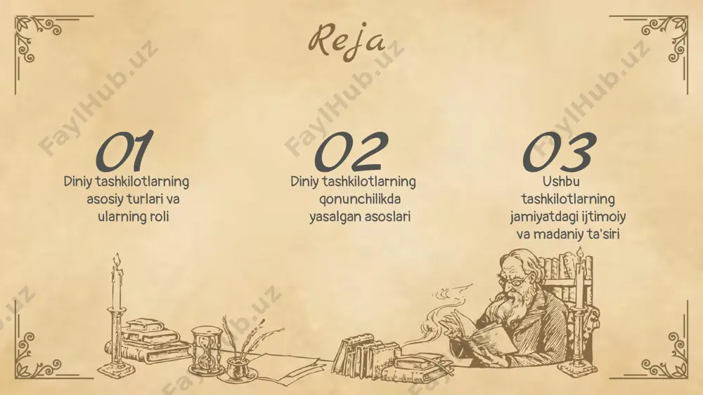 quq va imkoniyatlarga ega. diniy tashkilotlarning faoliyatining qonuniy asoslari o'zbekiston konstitutsiyasi va diniy tashkilotlar to'g'risidagi qonunlarda belgilangan. bu qonunlar diniy erkinlikni himoya qilish va tartibga solishga xizmat qiladi. diniy tashkilotlarni ro'yxatdan o'tkazish, moliyaviy nazorat va diniy erkinlikni yozma tarzda himoya qilish kabi qonuniy mexanizmlar mavjud. bu huquqlar tashkilotlarning qonuniy faoliyat yuritishini ta'minlaydi. diniy tashkilotlarning ijtimoiy ta'siri diniy tashkilotlarning roli diniy tashkilotlar jamiyatda ma'naviy va madaniy qadriyatlarni saqlashda markaziy rol o'ynaydi, ijtimoiy qo'llab-quvvatlash markazi sifatida xizmat qiladi. jamiyatdagi o'rni ular diniy va madaniy normalarni tarqatadi, ijtimoiy muvozanatni ta'minlaydi va madaniy tadbirlarda faol ishtirok etadi. ijtimoiy muammolarni hal qilishda roli ijtimoiy muammolarni hal qilishda yordam berib, ijtimoiy dasturlar va hamkorlik orqali jamiyatga qo'shadi qiymat qo'shadi. 01 02 03 diniy tashkilotlarning madaniy ta'siri diniy tashkilotlar madaniyatni shakllantirish va saqlashda muhim rol o'ynaydi. ular milliy madaniyat elementlarini rivojlantiradi, bayramlar va marosimlarni o'tkazadi. bu orqali madaniy meros avloddan-avlodga o'tadi va jamiyatda madaniy birlik mustahkamlanadi. photo …