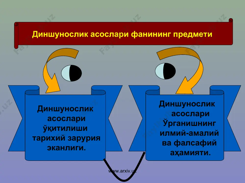 - ахлоқий вазифаларни бажаришни ўз зиммасига олган. бундай функциялар жамият тараққиётининг юқори босқичларида айниқса яққол кўзга ташланади. бу ўринда диннниг, айниқса исломнинг марказий осиё халқлари ҳаётида тутган ўрни, вазифалари, фан ва маданият билан ўзаро таъсири хусусида фикр юритиш ўринлидир. диннинг жамиятда бажарадиган ижтимоий, маънавий, руҳий вазифалари қуйидагилардан иборат. www.arxiv.uz www.arxiv.uz биринчидан ҳар қандай дин ўз хомийлари учун тулдирувчи, овутувчи (компенсаторлик) вазифасини бажаради. масалан, инсонда диний эҳтиёж хосил бўлишини олиб қарайлик. у ўз ҳаёти, турмуш тарзи, табиат ва жамият билан бўлган муносабабтлари жараёнида шахсий ва ижтимоий эҳтиёж, мақсадларига етишиши қийин, иложсиз бўлиб кўринганда бундай маънавий - руҳий эҳтиёж вужудга келган. чунки инсон ҳаётида қувончли ва ташвишли онларда, орзулар рўёбга чиқиши иложсиз бўлган пайтда инсониятнинг динга эҳтиёжи ортаборган жамият бўлиб яшаш талабларида бошланган ва дин бу ўринда маънавий - руҳий эҳтиёжни кондирувчи, тасалли берувчилик вазифасини бажаради. www.arxiv.uz www.arxiv.uz иккинчидан динлар ўз таълимот тизимини вужудга келтириб, унга эътиқод қилувчи шахс ва жамоани шу …