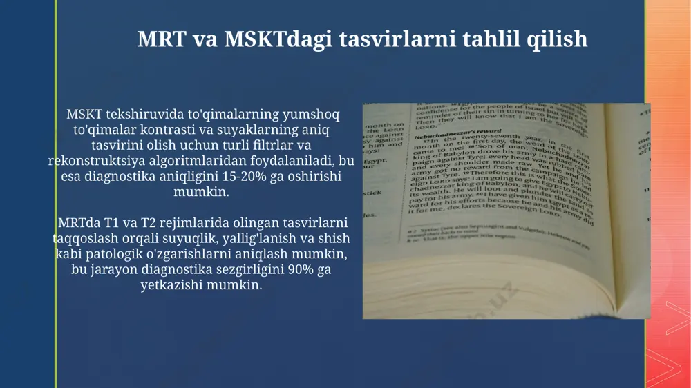 biya yoki metall implantlar mavjud bo'lganda cheklovlar mavjud. xavfsizlik choralari msktda radiatsion dozani minimallashtirish uchun mskt protsedurasini bajarish vaqtida bemorga 10-15 soniya davomida harakatsiz holatda bo'lish talab etiladi. mskt tekshiruvidan oldin bemorning metall buyumlar (masalan, soat, zargarlik buyumlari)ni echib olishini ta'minlash kerak, chunki bu apparatning aniqligiga va natijalarga ta'sir qilishi mumkin. mrt va msktning kelajagi kelgusi 10 yil ichida mrt va mskt apparatlari miniatyurlashuvi va portativ tizimlarning paydo bo'lishi kutilmoqda, bu esa diagnostikani ancha qulay va arzonlashtiradi, ayniqsa chekka hududlarda. mrt va mskt texnologiyalarining kelajagi yuqori magnit maydon kuchiga ega (masalan, 7 tesla va undan yuqori) yangi skanerlarni ishlab chiqarish va sun'iy intellekt algoritmlari yordamida tasvirlarni tez va aniqroq tahlil qilish yo'nalishlarida rivojlanadi. adabiyotlar mrt va mskt apparatlarining texnik xususiyatlari bo'yicha 10 dan ortiq ilmiy maqolalar tahlil qilindi va ularning aniqligi 95% dan yuqori ekanligi aniqlandi. mskt tekshiruvlari natijalarini tahlil qilishda 3 ta asosiy algoritm qo'llanilgan bo'lib, ularning har biri …