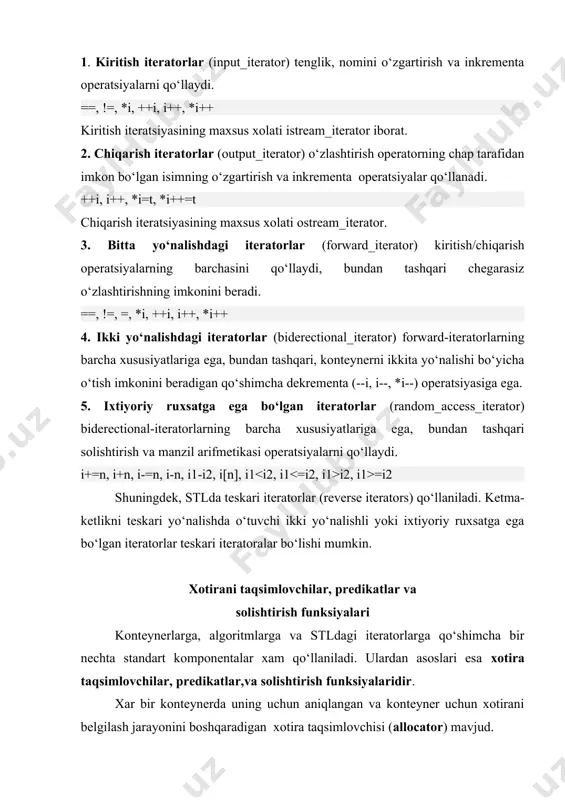ar) assotsiativ massiv juft qiymatlardan iborat. (key) kalit deb atalgan bitta qiymatni bilib (mapped value) aks etuvchi qiymat deb atalgan ikkinchi qiymatga ruxsat olishimiz mumkin. assotsiativ massivni massiv indekslari butun tiplardan iborat bo‘lmagan massiv sifatida tavsiflash mumkin: v& operator[](const k&) k ga mos keluvchi v ga ilovani qaytaradi. assotsiativ konteynerlar – bu assotsiativ massivning umumiy tushunchasi. map assotsiativ konteyner ( bu kalit yordamida qiymatga tez ega bo‘lish imkonini yaratadigan juftlik (kalit, qiymat) ketma-ketligi. map konteyneri ikki yo‘nalishli iteratorni tavsif etadi. map assotsiativ konteyneri kalit tiplari uchun “ , >=. mapda kalit/qiymat juftliklar pair tiplagi ob’ektlar ko‘rinishida saqlanadi. kalit/qiymat juftliklarni faqatgina pair sinf konstruktorlari yordamida, balki pair tipdagi ob’ektlarni yaratuvchi va ma’lumotlar tiplaridan parametrlar sifatida foydalanuvchi make_pair funksiya yordamida yaratish mumkin. assotsiativ konteyner uchun o‘ziga xos operatsiya – bu ([]) indeksatsiyalash operatsiyasi yordamida assotsiativ qidiruv. mapped_type& operator[](const key_type& k); set to‘plamini assotsiativ massiv sifatida ko‘rish mumkin. unda qiymatlar axamiyatga ega emas, …