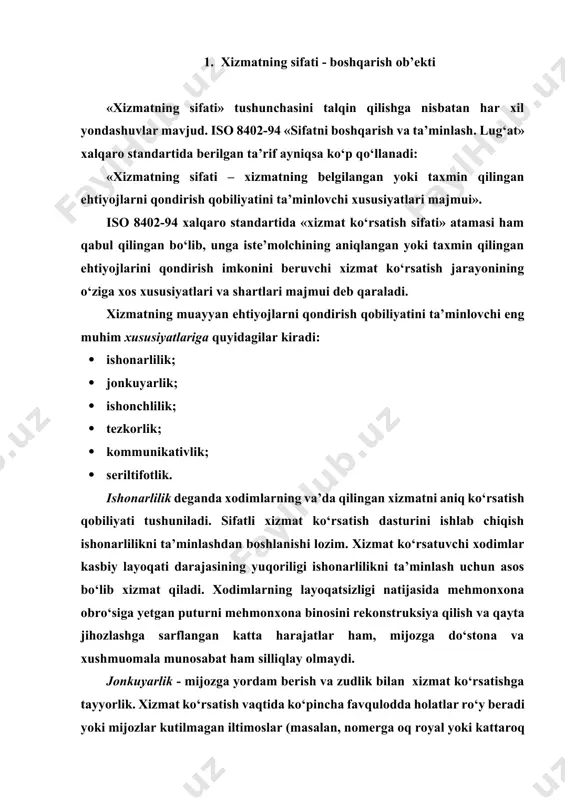 mmoning oqilona yechimini topish qobiliyatiga baho beriladi. xizmatlar, xususan, mehmonxona xizmatlari ko‘rsatish sohasidagi korxonalar faoliyatining o‘ziga xosligi shundan iboratki, bu yerda doim favqulodda holatlar ro‘y bergan va ro‘y beraveradi. shu bois bunday muammolarni hal qilish yo‘llarini oldindan rejalashtirish va o‘z ish prinsiplarini ishlab chiqish zarur. bunday hollarda xodimlar sifatli ishlashlari, yuzaga kelgan muammolarga zudlik bilan e’tibor berishlari, har bir korxonaning talabchan va janjalkash mijozlar bilan ishlash prinsiplariga rioya qilishlari lozim (pareto qoidasiga binoan, mijozlarning 20% muammolarning 80% ni vujudga keltirishini taxmin qilish mumkin). mehmonxona korxonalarida o‘tkazilgan tadqiqotlar nizoli vaziyatlarda xizmat ko‘rsatuvchi xodimlarning aksariyati o‘zini himoya qilishga, muammoning yuzaga kelishiga sababchi emasligini isbotlashga harakat qilishini ko‘rsatadi. bu holat xizmatchilar rahbariyat mijozlarning talablarini qondirish haqida g‘amxo‘rlik qilishni qo‘llab-quvvatlashiga ishonchi komil emasligidan dalolat beradi. aks holda ular nizoni yanada kuchaytirish va o‘zining haqligini isbotlash o‘rniga eng avvalo muammoni hal qilishga harakat qilgan bo‘lardilar. mijoz amalda doim ham haq bo‘lavermaydi. biroq, mijozning haq emasligini …