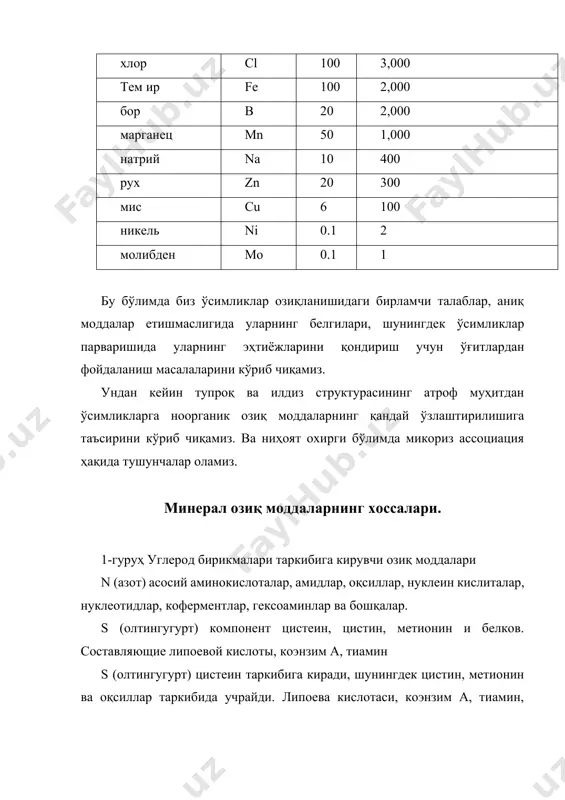 ар жараёнида татал қилинади. na (натрий) с4 ва сам ўсимликларда фосфоенолпируват регенерацияси билан боғлиқ. баъзи ҳолатларда калийнинг ўрнини босувчи элемент ҳисобланади. группа 4 питательные вещества, которые участвуют в окислительно-восстановительных реакциях 4-гуруҳ оксидланиш-қайтарилиш реакцияларида иштирок этувчи озиқ моддалар fe (темир) фотосинтез жараёнида, азот фиксацияси ва нафас олиш жараёнларида иштирок этувчи цитохромлар ва гем бўлмаган оқсиллар таркибини ташкил қилувчи элемент. zn (рух) асосий алкоголдегидрогеназа, глутамин дегидрогеназа, карбоангидраза ва бошқа жараёнларда иштирок этади. cu (мис) аскорбин кислота оксидазаси таркибиги киради. шунингдек тирозиназа, моноаминоксидаза, уриказа, цитохромоксидаза, фенолазалар таркибига киради. ni (никель) уреазанинг асосий элементи. гидрогеназа таркибли бактерияларнинг азот фиксация реакцияларида иштирок этади. мо (молибден) нитрогеназа, нитратредуктаза, ксантиндегидрогеназалар таркибига киради. астрагаллар оиласига мансуб кўпгина ўсимликлар xylorhiza ва stanleya кабилар ўзидаги жараёнларда эҳтиёжга эга бўлмақсада селен элементини тўплайди. кобальт элементи эса азот тўпловчи микроорганизмлар ферментлари таркибига кирувчи кобаламин (витамин в ва унинг ҳосилалари) лар таркибига киради. бу ўринда айтиб ўтиш керакки, азот тўпламайдиган ўсимликлар ва азотни …