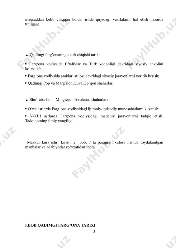 rg‘ona vodiysidagi ijtimoiy-iqtisodiy munosabatlarni kuzatish; v-xiii asrlarda farg‘ona vodiysidagi madaniy jarayonlarni tadqiq etish. tadqiqotning ilmiy yangiligi. mazkur kurs ishi kirish, 2 bob, 7 ta paragraf, xulosa hamda foydalanilgan manbalar va adabiyotlar ro‘yxatidan ibora i.bob.qadimgi farg’ona tarixi 1.1.qadimgi farg’onaning kelib chiqishi tarixi fargʻona soʻzining kelib chiqishi toʻgʻrisida turli fikrlar mavjud. olimlar „fargʻona“ soʻzining bundan 13 asr ilgari sugʻd yozuvlarida „pargʻana“, „pragʻana“ shakllarida yozilganligini hamda hind-sanskrit tilida „kichik viloyat“; fors tillarida „togʻ oraligʻidagi vodiy“, „atrofi berk soylik“ degan maʼnolarga ega boʻlganligini taʼkidlaydilar. fargʻona oʻzining goʻzal landshaftlari bilan mashhur boʻlgan olis shahar. „chimyon“ kurorti olay tog 'etaklaridagi shifobaxsh mineral buloqlarning muvozanati bilan mashhur boʻlgan chimen qishlogʻiga asoslangan. eng katta kurort markaziy osiyoda joylashgan.1876-yil rossiya imperiyasi qoʻqon xonligini yoʻqotib uning hududida fargʻona viloyatini tuzgach, maʼmuriy markaz qurish uchun margʻilondan 10 km janubida joylashgan yormozor va sobiq sim, chiringan qishloqlari oʻrnini tanladi. [footnoteref:1]shahar qurilishi loyiha boʻyicha 1877-yil iyunda boshlandi. qurilish harajatlari, asosan, mehnatkashlar zimmasiga yuklandi …