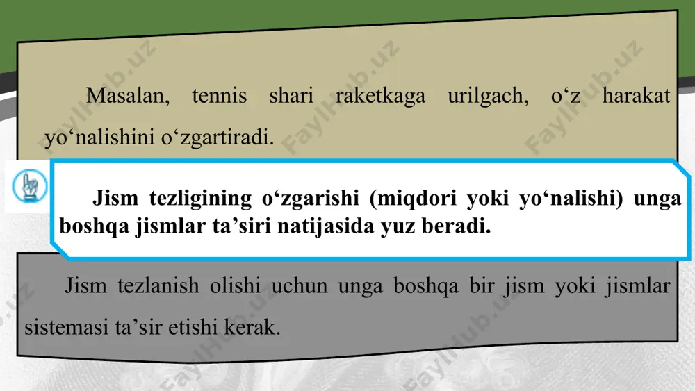 i saqlaydi. bu qonun nyutonning birinchi qonuni deb ataladi. uni boshqacha ta’riflash ham mumkin: agar jismga boshqa jismlar ta’sir etmasa, u doimiy bir xil tezlikda harakat qiladi yoki o‘zining tinch holatini saqlaydi. ipga osib qo‘yilgan sharchaga yer tortish kuchi → f1 ta’sir etib, pastga tushirishga harakat qilsa, ip → f 2 kuch bilan uni tepaga tortib, tushib ketishiga yo‘l qo‘ymaydi (63-rasm). natijada sharcha osilgan holda tinch turadi. agar ip uzib yuborilsa, jism pastga tushib ketadi. bu yerda 6-betda keltirilgan ibn sinoning ishkomning qulashi haqidagi misolini eslash o‘rinli. ya’ni ishkom unga ta’sir etuvchi ikkita kuching tengligi sababli muvozanatda turgan edi. yuqoriga ko‘tarib turuvchi ustun ta’siri olib tashlanganida esa og‘irlik kuchi ta’sirida ishkom harakatga keldi va qulab tushdi. demak, ta’sir etuvchi kuchlar muvozanati, ya’ni ularning vektor yig‘indisi no‘lga teng bo‘lgan holatda ham jism o‘zining tinch holatini yoki to‘g‘ri chiziqli tekis harakatini saqlaydi. nyutonning birinchi qonunini quyidagicha tushuntirish mumkin: tinch holatda turgan, ya’ni …