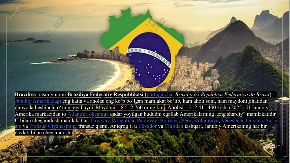 boruvchi partiya. demokratik harakat partiyasi (mdb) – markaziy yo‘nalishdagi partiya bo‘lib, mahalliy hokimiyatda katta ta’sirga ega. braziliyada partiyalar parlament saylovlarida ochiq ro‘yxat tizimi orqali ishtirok etadi, bu esa siyosiy xilma-xillikni ta’minlaydi. saylov tizimi va qonunlari braziliyada saylov tizimi quyidagicha ishlaydi: prezident, gubernator va merlar saylovi – ikki bosqichli tizim asosida o‘tkaziladi. agar birinchi bosqichda nomzod 50% dan ko‘proq ovoz olmasa, ikkinchi bosqichda eng ko‘p ovoz olgan ikki nomzod raqobatlashadi. milliy kongress saylovlari – ochiq ro‘yxatli nisbiy vakillik tizimi asosida o‘tkaziladi. bu tizim saylovchilarga partiya ichidan o‘z vakillarini tanlash imkonini beradi. saylov ishtiroki – 18-70 yoshdagi fuqarolar uchun majburiy, 16-17 va 70 yoshdan katta fuqarolar uchun ixtiyoriy. braziliya – siyosiy jihatdan murakkab, ammo demokratik qadriyatlarni saqlab kelayotgan davlat. prezidentlik boshqaruvi kuchli, parlament va sud hokimiyati muvozanatlashtirilgan. siyosiy madaniyatda fuqarolar faolligi va matbuot erkinligi muhim o‘rin tutadi. saylov tizimi nisbatan demokratik va shaffof bo‘lsa-da, korrupsiya va siyosiy beqarorlik kabi muammolar hanuz dolzarb …