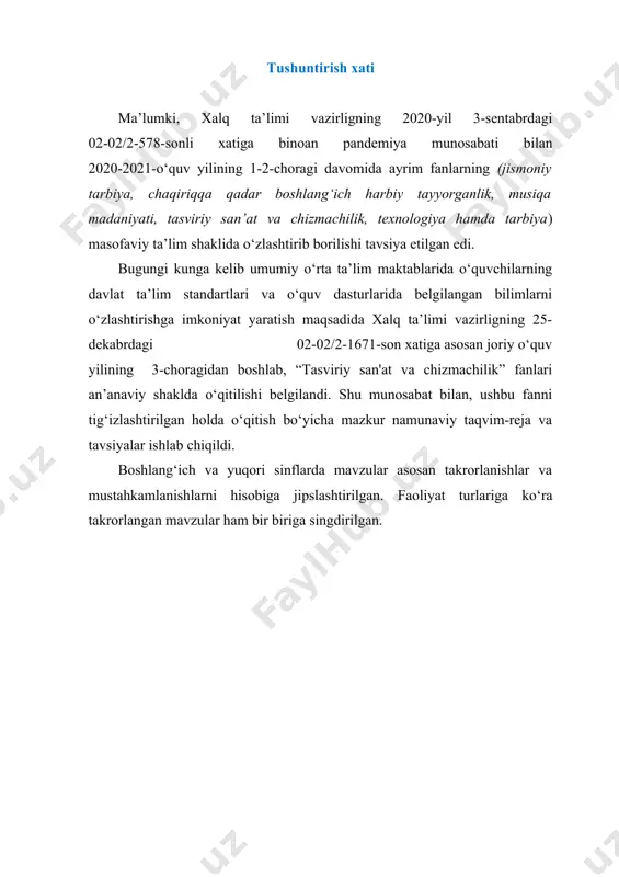 haykal ishlash 1 9-dars fil haykalchasini ishlash. 1 4 chorak 10-dars samolyot rasmini ishlash 1 11-dars bahor fasli mavzusida suhbat. “o‘lkamizda bahor” 1 12-dars olma va xurmo rasmini ishlash 1 13-dars havo shari rasmini ishlash 1 14-dars gullar rasmini ishlash 1 15-dars kapalak rasmini chizish 1 16-dars nazorat ishi. daraxt barglari rasmini ishlash 1 17-dars to‘tiqush rasmini chizish 1 umumiy 17 tasviriy san'at (2 sinf) darslar tartibi mavzu nomi soat taqvimiy muddat 3 chorak 1-dars tasviriy san’atda rang va tuslar “qish manzarasi” mavzusida rasm ishlash 1 2-dars yuk mashinasi rasmini ishlash 1 3-dars qush rasmini ishlash 1 4-dars “bo‘g‘irsoq” ertagi asosida haykal yasash 1 5-dars o‘zbek xalq amaliy san’ati. yo'lsimon naqsh namunalaridan nusxa ko‘chirish 1 6-dars doira shaklidagi naqsh kompozitsiyasini chizish 1 7-dars nazorat ishi. 8-mart bayramiga tabriknoma eskizini ishlash 1 8-dars “navro‘z-bahor bayrami” mavzusida rasm ishlash 1 9-dars “mening maktabim” mavzusida rasm chizish 1 10-dars baliq, ot, tuya, mushuk …
