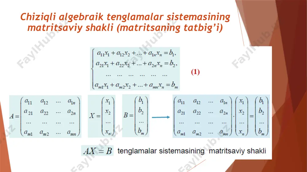 apdan ga ko’paytirsak, yoki bo’lib, yahni image4.wmf oleobject4.bin image5.wmf oleobject5.bin image6.wmf oleobject6.bin image1.wmf oleobject1.bin image2.wmf oleobject2.bin image3.wmf oleobject3.bin                                                    1 3 2 25,04145,0 2)5,1(4445,2 214)3(43 2 4 4 5,015,0 5,145,2 133 x tenglik hosil bo’ladi. shunday kilib,                        1 3 2 3 2 1 x x x x yoki 1,3,2 3 2 1  ххх . (topilgan yechimlarni tenglamalar sistemasiga bevosita qo’yib, yechimning to’g’riligini tekshirib ko’rish mumkin). 1 , 3 , 2 3 2 1 - = = …
