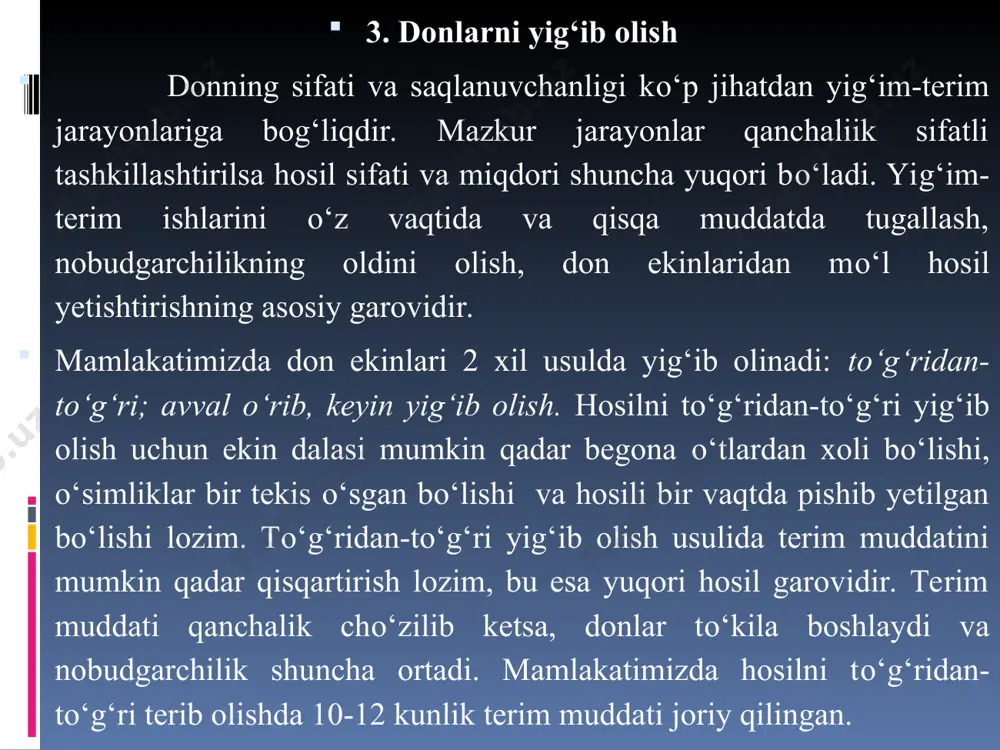 stli don og‘irligiga foizlarda ifodalangan nisbati tushuniladi. donning pо‘sti tarkibida kletchatka va kul moddalar kо‘p bо‘ladi, shu sababli u donga qaraganda kamroq qimmatga ega bо‘ladi. arpa donining pivobop xususiyatlarini aniqlashda uning pо‘sti muhim ahamiyatga ega. arpaning pо‘sti qancha yupqa bо‘lsa, undan shuncha sifatli pivo olinadi. пурка пх-1м donning natura og’irligini aniqlovchi asbob arpa donining pо‘stliligi 8 dan 12% gacha, suliniki 20 dan 30% gacha, sholiniki 16 dan 25% gacha, tariqniki esa 18 dan 25% gacha, yupqa pо‘stli navlarda 8 dan 10% gacha bо‘lishi mumkin. donning pо‘stliligini mexanik usul (don pо‘stidan tozalanadi) va kemnits hamda nosatovskiylarning asboblarida aniqlash mumkin. donlarning bir tekis bо‘lishi ham uning muhim sifat kо‘rsatkichlaridan hisoblanadi. donlarning bir tekisligi deganda ularning о‘lchamlari bir xil, navga xos bо‘lishi tushuniladi. ma’lumki, donlarning shakllanishiga ularning boshoqda joylashgan о‘rni, agrotexnik va tabiiy sharoitlar ta’sir kо‘rsatadi. don endospermasining shishasimonligi (yaltiroqligi) yoki unsimonligi donning texnologik va oziq-ovqat qimmatini belgilaydi. donning bu kо‘rsatkichi uni kо‘ndalangiga …