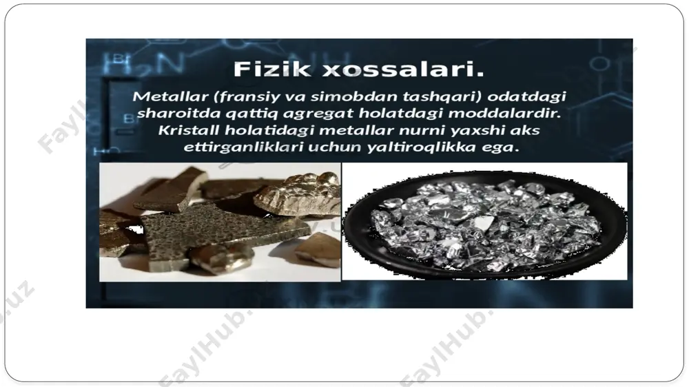 kiradi. elektrolitlar (ya'ni ikkinchi xil utkazuvchilar) orqali elektr toki utganda, albatta, ximiyaviy uzgarish sodir buladi. metallarning elektr utkazuvchanligi xarorat ortishi bilan kamayadi, xarorat kamayishi bilan ortadi; nixoyat absolyut nolga yakin xaroratda metallarning elektr utkazuvchanligi cheksiz katta kiymatga erishadi - metall uta utkazgich bulib koladi. xamma metallar elektrni bir xilda utkazavermaydi. kumush eng yaxshi utkazadi, vismut eng yomon. kumushning 0os dagi elektr utkazuvchanligi 66,7104 om-1cm-1, misniki 64,5104 om-1cm-1, litiyniki 11,8104 om-1cm-1, berilliyniki 18104 om-1cm-1, alyuminiyniki 40104 om-1cm-1, temirniki 11,2104 om-1cm-1, simobniki 4,4104 om-1cm-1, vismutniki 0,9104 om-1cm-1 ga teng. e’tiboringiz uchun rahmat! image2.png image3.jpeg image4.png image5.png /docprops/thumbnail.jpeg