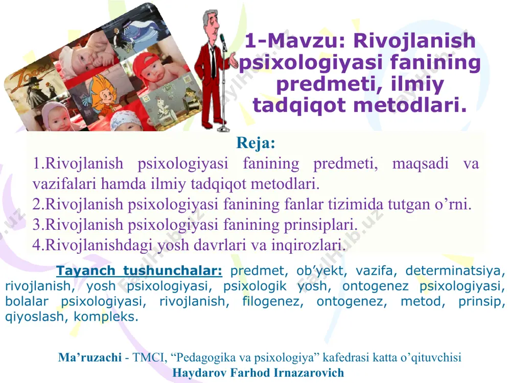 ikasining yosh jihatdan taraqqiyoti, psixik jarayonlar hamda inson shaxsi xislatlarining ontogenezini oʻrganishdan iborat. rivojlanish psixologiyasining predmeti – inson psixikasining yosh jihatdan taraqqiyoti, psixik jarayonlar hamda inson shaxsi xislatlarining ontogenezini o’rganishdan iborat. rivojlanish psixologiyasi o’z navbatida bir qancha sohalarga bo’linadi. bular - bolalar psixologiyasi, kichik maktab yoshidagi o’quvchilar psixologiyasi, o’smir psixologiyasi, ilk o’spirinlik yoshi psixologiyasi, katta yoshdagilar psixologiyasi, gerontopsixologiya (qarilik) psixologiyasi va bosh…(nishanova, z.t. rivojianish psixologiyasi. pedagogik psixologiya [matn] : darslik / z.t. nishanova va boshq. — toshkent: «0‘zbekiston faylasuflari milliy jamiyati» nashriyoti, 2018. — 600 b. 8-bet) 1.rivojlanish psixologiyasi fanining predmeti, maqsadi va vazifalari hamda ilmiy tadqiqot metodlari. rivojlanish psixologiyasining umumiy vazifalari: - psixik jarayonlarning, bilimlarning o’zlashtirishning yosh imkoniyatlarini tadqiq qilish; - shaxs rivojlanishining muhim omillarini organish; - psixik taraqqiyotning umumiy qonuniyatlarini hamda bosqichlarini tadqiq etish; - har bir yoshning psixologik va individual xususiyatlarini organadi; - psixik jarayonlarning, bilimlarning ozlashtirishning yosh imkoniyatlarini tadqiq qilish; - shaxs rivojlanishining muhim omillarini organish; …