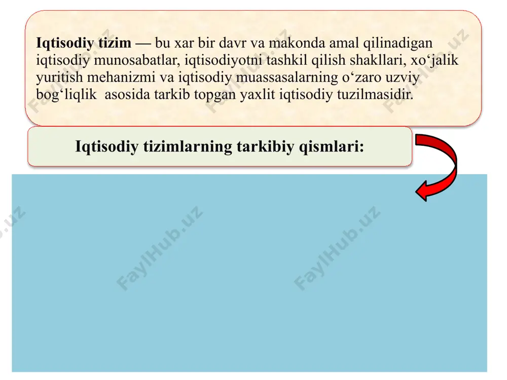 dir. bu mulk ob'ektlarini sotish, meros qoldirish, hadya qilish, ijaraga berish kabi yo‘llar bilan ro‘y beradi. 14 mulkchilikning huquqiy me'yorlarini quyidagilar belgilab beradi: ishlab chiqarish vositalari va yaratilgan moddiy ne'matlarning muayyan shaxslarga tegishli ekanligi; mulk egalarining qonun bilan himoyalanadigan vakolatlari; mol - mulkni himoya qilish usullari. 15 bular : mulk ob‘yektlari — bu mulkka aylangan barcha boylik turlaridir. ishlab chiqarish vositalari; inson yaratgan moddiy va ma'naviy boyliklar; tabiiy boyliklar; intellektual boyliklar; insonning mehnat qilish qobiliyati bo‘lgan ishchi kuchi va h.k. 16 ular: mulk sub'ekti — bu mulkiy munosabatlarning ishtirokchilari, ya'ni mulk ob'ekti va ishlab chiqarish natijalarini o‘zlashtirishda qatnashuvchilardir. ► • davlat (turli darajadagi hukumat va boshqaruv organlari); ► • korxonalar, xo‘jalik birlashma (uyushma)lari, jamoat va boshqa tashkilotlar ► • alohida kishilar va oilalar; ► • chet elliklar (xorijiy fuqaro, tashkilot va davlatlar 17 mulkchilik shakllarining tasniflanishi "bozor munosabatlarini rivojlantirishga qaratilgan o‘zbekiston iqtisodiyotining negizini xilma xil shakllardaga mulk tashkil etadi'" davlat …
