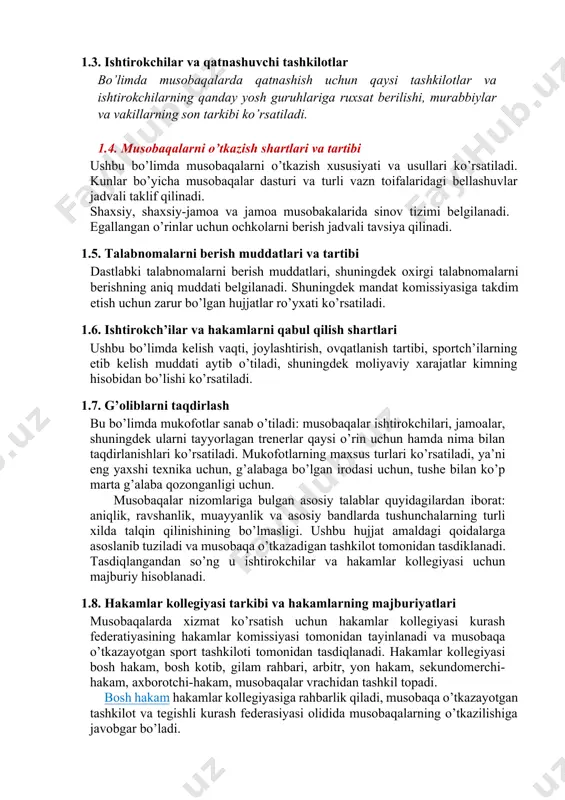 ’tilgan tayyorgarlik bosqichi samaradorligi aniqlanadi. ko’rsatilgan natijalar aosida kurashchilarning kelgusidagi tayyorgarlik dasturi ishlab chiqiladi. saralash musobaqalari natijalari bo`yicha asosiy musobaqalarning ishtirokchilari aniqlanadi. asosiy musobaqalarning bosh maqsadi g’alabaga erishish yoki imkoni boricha yuqori o’rinlarni egallashdan iborat. musobaqalarni tashkil qilish va o’tkazish uchun ikkinchi muhim hujjat - bu musobaqa nizomidir. musobaqa kalendar reja va kurash bo’yicha musobaqa qoidalari asosida tuziladi. musobaqa nizomi quyidagi bo’limlarni o’z ichiga oladi. 1.1. musobaqa maqsadi va vazifalari bu bo’limda musobaqa o’tkazayotgan tashkilotning o’z oldiga qo’yadigan asosiy maqsadi va vazifalari ochib beriladi: -sport jamoalarida o’quv-trenirovka va tarbiyaviy ishlarning ahvolini tekshirish; -terma jamoa tarkibini to’ldirish maqsadida eng yaxshi kurashchilarni vazn toifalari bo’yicha saralab olish; -sport tashkilotlari va sportchilar o’trasida do’stlik aloqalarini mustahkamlash; -aholi o’rtasida sport kurashini ommalashtirish va yoshlarni kurash bilan muntazam shug’ullanishga jalb qilish. 1.2. musobaqalarni boshqarish bo’limda musobaqalarni tayyorlash va o’tkazishga umumiy rahbarlikni amalga oshiradigan tashkilot, shuningdek musobaqani o’tkazish aniq kimga yuklatilishi; musobakalar joyini tayyorlash, sportch’ilar va …