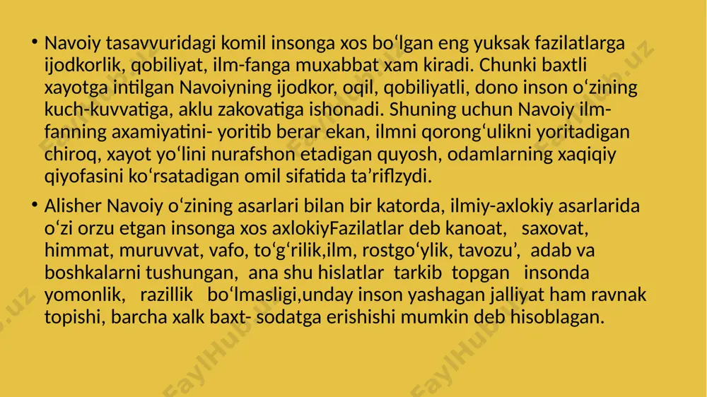 an ortiq axloqiy qoidalarni bayon etib, bular sabr, xayo, pokizalik, sobitqadamlik, avf, saxiylik va saxovat, tavoze’ kamtarlik, rostgo‘ilik, shijoat, xushyorlik, farosat kabi insoniy fazilatlarni barcha qirralariga ta’rif beradi. koshifiy axloqiy qarashlarida komil insonga xos bo‘lgan barcha xislatlarni o‘zida ifodalagan ilm-ma’rifatli, xaqiqatparvar, adolatli, xar qanday adolatsizlikka qarshi kurashuvchi oliyjanob inson qiyofasini tasavvur etamiz. xusayn voiz koshifiyning yana bir asari "futuvvatnomai sultoniy" bo‘lib, unda komil insonni shakllantirishning aynan amaliy yo‘llanmalari beriladi. ma’lumki, x asrdan boshlab javonmardlik yoki futuvvatchilik xarakati keng yoyilgan. bunda barcha yosh yigitlar o‘z xayotini faqat ezgu xislatlarni tarkib toptirishga bag‘ishlab, zoxiran va botinan pok bo‘lish, o‘z ezgu niyatlarini amalga oshirish uchun jamoa bo‘lib uyushgan. bunday yoshlarni javonmardlar yoki futuvvatlar deb atashgan. ular ma’naviy va jismoniy etuklikka intilgan, mardlik va oliyjanoblik namunasini ko‘rsatgan. ularning o‘z jamoasi, piri, ustozlari, yig‘iladigan joylari bo‘lgan. sarbadorlar abu muslim, yaqub ibn lays, maxmud torobiy kabi qaxramonlarimizxam o‘z vaqtida javonmardlar bo‘lishgan. koshifiyning "futuvvatnomai sultoniy" asari xam …