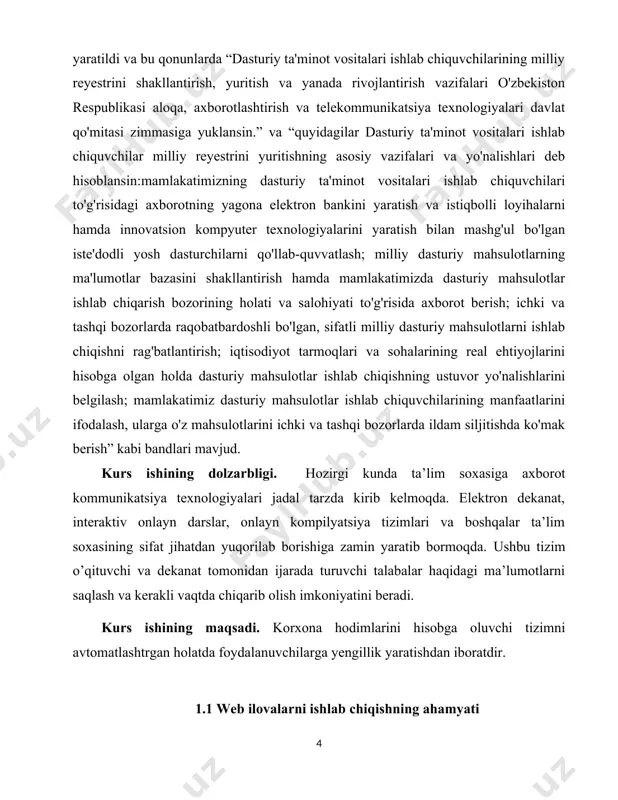 ida bo`layotgan hodisalarni kuzatish imkoniga egasiz. ho`sh bunaqa imkoniyatlar qaerdan paydo bo`ldi? bularning barchasi men, siz, barchamizning talablarimiz va pul toppish ilinjida bo`lgan dasturchi, tadbirkor va yaxshi g`oyali hohlagan kasb egasining faolligidir. hozirgi kunga internetda millionlab xizmat va milliardlab maxsulotlar pullik va bepul ko`rinishda haridorlariga yetkazilmoqda. bizning internetga bog`lanishimiz uchun kerak bo`ladigan trafik miqdorlari ham mo`maygina biznes maxsulotiga ayanib bo`lgan. 1.2 web-saytlar turlari siz internetda o`z maxsulot yoki xizmatingizni taklif qilishning eng soda yo`li bu web-saytdir. web-saytlarning ham turlari juda ko`p, quyida ba’zilari bilan tanishib chiqamiz. sayt — bu umumiy tushuncha bo‘lib, uni ko‘rinishi, bajaradigan vazifasiga qarab bir necha turlarga bo‘lish mumkin. maqola aynan sayt turlariga bag‘ishlanadi. sayt ko‘rinishlari(turlari): — internet orqali tanishtiriluvchi saytlar; — axborot resurslari; — veb xizmatlar; bu turlar asosiylari hisoblanib, o‘z navbatida bular ham ma’lum qismlarga bo‘linadi. intrenet orqali tanishtiriluvchi saytlar: — vizitka saytlari; — korporativ saytlar; — internet do‘konlar; — promo saytlar. axborot resurslari: — …