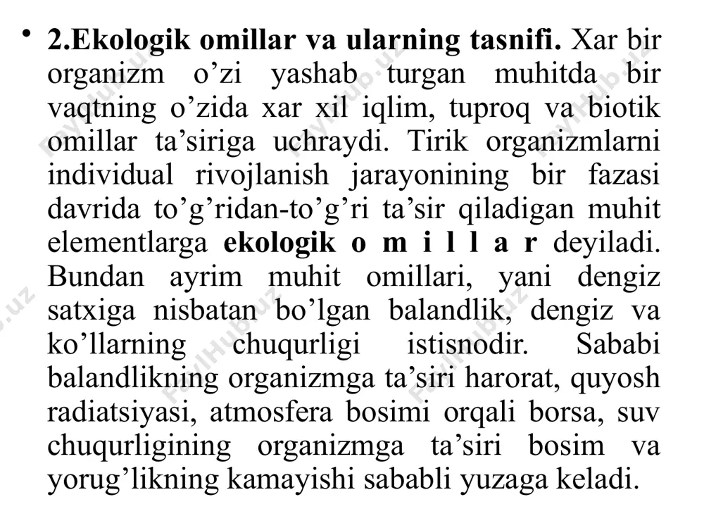 itga moslanishida katta ahamiyatga ega. biotik omillar- muhitda uchraydigan tirik organizmlarning hayot faoliyatida bir - birlariga qiladigan ta’siri va ular o’rtasidagi munosabatlardan iborat bo’lib, ular tirik organizmga, uni o’rab turgan boshqa jonzotlarga xar xil ta’sir qiladi. bu ta’sir turlicha bo’lishi mumkin. masalan: 1) tirik organizmlar bir - birlari uchun oziqa manbai (o’simliklar turli hayvonlarga oziqa) : 2) bir tirik organizm tanasi, boshqa organizmga ikkinchi organizmning ko’payishiga, tarqalishiga sabab bo’ladi. antropogen omillar- inson hayot faoliyatining organik dunyoga ta’siri. jamiyatning rivojlanishi bilan insonning tabiatga ta’sir qilishining yangi-yangi xillari kelib chiqib, atrof-muhitda salbiy ekologik o’zgarishlar seziladi. abiotik omillar organizmga bevosita va bilvosita ta’sir ko’rsatishi mumkin. masalan, muhit harorati o’simlikga bevosita ta’sir qilib, ular tanasida issiqlik balansini, fiziologik jarayonlarning o’tishini o’zgartiradi. abiotik omil yorug’lik o’simlikka to’g’ridan- to’g’ri ta’sir qilib, ular tanasida biomassaning hosil bo’lishiga olib keladi. bu biomassa (em- xashak, oziqa) orqali hayvonlarning hayot faoliyatiga bilvosita ta’sir qiladi. turli organizm ekologik omillarga turlicha moslashgan …