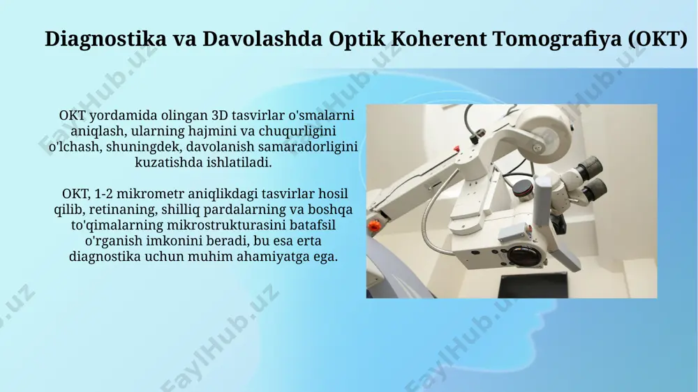 tinaning qalinligi va shishlarini 1 mikrometr aniqlikda o‘lchashga imkon beradi. faqatgina 5 daraja aniqlikdagi burchak o‘zgarishlarini aniqlaydigan, ko‘z harakatlarini o‘lchaydigan aniq optik kuzatish tizimlari, strabismus (ko‘zning egriligi) kabi kasalliklarni tashxislashda juda muhim rol o‘ynaydi. sun'iy intellekt va optik tasvirlarni tahlil qilish termal tasvirlash va sun'iy intellekt yordamida, tanadagi harorat o'zgarishlarini 0.01°c aniqlikda o'lchash mumkin, bu esa yallig'lanish jarayonlarini erta aniqlashga yordam beradi. ko'p spektrli optik tasvirlarni tahlil qilish, to'qimalarning 3d modellashtirilishi orqali, jarrohlik amaliyotlarining rejalashtirilishiga 20% ga yaqin samaradorlikni oshiradi. mikrojarrohlikda optik asboblarning rolini o‘rganish endoskopik jarrohlikda ishlatiladigan optik tolali endoskoplar 5-10 mm diametrli maydonlarni 3d tasvirini berib, minimal invaziv operatsiyalarni amalga oshirish imkonini beradi. mikrojarrohlikda yuqori aniqlikdagi optik asboblar, masalan, 100x va undan yuqori kattalashtirishga ega mikroskoplar, murakkab operatsiyalarni, xususan, 0,1 mm dan kam bo'lgan tuzilmalar ustida ishlashni ta'minlaydi. optik mikroskoplar va ularning qo‘llanilishi fluoressent mikroskopiya texnikasi yordamida, 400-700 nm toʻlqin uzunliklaridagi nurdan foydalanib, oʻsimta hujayralarini aniqlash va ularning …