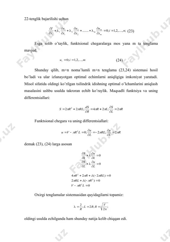 qilib, m+n noma’lumli m+n tenglama (23,24) sistemasi hosil bo’ladi va ular izlanayotgan optimal echimlarni aniqligiga imkoniyat yaratadi. misol sifatida oldingi ko’rilgan tsilindrik idishning optimal o’lchamlarini aniqlash masalasini ushbu usulda takroran echib ko’raylik. maqsadli funktsiya va uning differentsiallari: funktsional chegara va uning differentsiallari: demak (23), (24) larga asosan oxirgi tenglamalar sistemasidan quyidagilarni topamiz: oldingi usulda echilganda ham shunday natija kelib chiqqan edi. кo’p parametrli masalalarni echishda ehm dan foydalanishga to’g’ri keladi. buning uchun esa hozirgi kunda amaliy dasturlar to’plami mavjud. optimallashtirishning sonli usullari bu usullarga "navbatma-navbat bir me’yorda izlash" va "tez tushish" usullari kiradi. ikkala usul ham shartsiz optimallashtirish usullaridan bo’lib, maқsadli funktsiyaning minimal koeffitsientini aniqlab beradi. tushunish osonroq bo’lishi uchun ikki parametrli maqsadli funktsiyalar ko’riladi. "navbatma-navbat bir me’yorda izlash" usulida avvalo parametrlarning dastlabki qiymatlari tanlanadi. agar parametrlar x1, x2 bo’lsa ularning dastlabki qiymatlarini mos ravishda x10, x20 deb olamiz va bu koordinataga mos maqsadli funktsiya miqdori j00 da bo’ladi. agar …