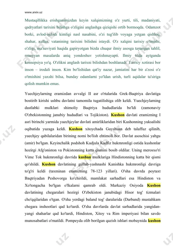 va xo'tongacha bo'lgan o'lkalarni qamrab oldi. markaziy osiyoda kushon davlatining chegaralari hozirgi o'zbekiston janubidagi hisor tog' tizmalari cho'qqilaridan o'tgan. o'sha yerdagi baland tog' daralarida (darband) mustahkam chegara inshootlari qad ko'tardi. o'sha davrlarda davlat sarhadlarida yangidan-yangi shaharlar qad ko'tardi, hindiston, xitoy va rim imperiyasi bilan savdo munosabatlari o'rnatildi. pompeyda olib borilgan qazish ishlari mobaynida kushon tangalari hamda kushon ustasi tomonidan suyakdan yasalgan figuralar topildi. kushon davrida me'morchilik yuksak rivojlandi. ayniqsa saroylar va ibodatxonalar qurilishiga katta e'tibor qaratildi. kushon hukmdorlarining xolchayondagi saroyida va eski termiz va dalvarzindagi budda ibodatxonalarida yuqori badiiy did bilan ishlangan devor chizgilari va haykaltaroshlik namunalari yaxshi saqlanib qolgan. xolchayon, dalvarzin va ayritomda olib borilgan qazish ishlari davomida kushon ustalarining yuksak mahoratidan dalolat beruvchi bronza idishlar, muhtasham shag'amsupalar, ko'zgular hamda zargarlik mahsulotlari topilgan. dehqonchilik imperiya iqtisodiyotining tayanchi bo'lgan. yer hosildorligini oshirish maqsadida turli o'g'itlardan keng foydalinilgan. tog' oldi hududlari va cho'llar chorvachilik maqsadlarida foydalanilgan. termizda olib borilgan qazuv ishlari …