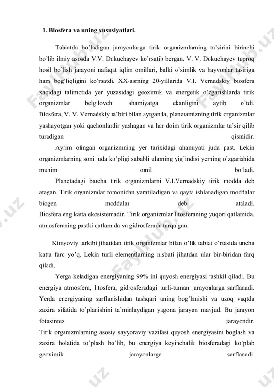 riga mos kelmaydi. bunday sintez va parchalanish o’rtasidagi nomuvofiqlik atmosferadagi kislorod miqdorini ta’minlaydi. atmosferadagi kislorod fotosintez natijasida to’planadi. kislorodning yagona abiogen manbai atmosferani yuqori qatlamida suvning fotodissosiasiyasi bo’lib, uning ahamiyati juda kam. o’simliklar tomonidan chiqariladigan kislorod molekulalarining miqdori co2 molekulasining miqdoriga teng. ajralib chikkan kislorod yana oksidlanish jarayonlariga va nafas olishga sarflanadi. lekin organik moddalarning bir qismi cho’kindi jinslar bilan yer ostiga qolishi sababli, bu organik moddalarga sarflanishi kerak bo’lgan kislorod atmosferaga qoladi. atmosferadagi kislorodning ko’p qismi mineral moddalarning oksidlanishiga sarflanadi. erkin kislorodning konsentrasiyasi oshishi bilan uning mineral moddalarning oksidlanishiga sarflanishi kam oshadi va aksincha kislorod konsentrasiyasi kamaysa sarflanish sekinlashadi. co2 atmosferaga organizmlarning nafas olishi orqali tushadi. co2 ning ikkinchi manbai yer qatlamidagi cho’kma jinslardagi kimyoviy jarayonlar natijasida ajralishidir. bu manba ham biogen manba hisoblanadi. co2 ning juda kam qismi abiogen manbadan, vulkonlar otilishi natijasi ajralib chiqadi. atmosferadagi azot inert gazdir, lekin u ko’pgina sintez va parchalanish jarayonlarida ishtiroq etadi. …