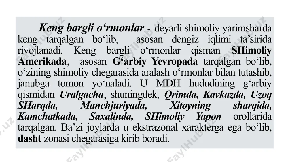 juda ko‘p. ayniqsa, yosh shoxchalari va uning barglaridan olingan moyda 30—40% gacha bornilatsetat bor. undan borneol spirt va kamfora moyi olinadi. po‘stlog‘idan oynalarni shirachlovchi balsam olinadi. tis (taxus) — bo‘yi 30 m keladigan ignabargli daraxt, 3000—4000 yil yashaydi, yog‘ochi qattiq, sekin chiriydi. yog‘ochi duradgorlik va mashinasozlikda ishlatiladi. bargi, po‘stlog‘i va yog‘ochida zaharlovchi toksin alkoloidi bor. 6. qayin (betula) — bo‘yi 25—30 m keladigan daraxt, 400 yilgacha yashaydi. yog‘ochi juda yuqori sifatli bo‘ladi. qayinning kurtagi va gullari meditsinada (suyak singanda og‘riqni bosa-digan vosita) hamda parfyumeriyada (pomadalar tayyorlashda) ishlatiladi. 7. eman (quercus)—bo‘yi 30—40 m ga yetadigan, 50—100 yil yashovchi daraxtdir. yog‘ochi yuqori sifatli, po‘stlog‘i va uzunchoq yong‘oq shaklidagi mevalari meditsinada (ichak kasalliklarini davolashda, qon to‘xtatuvchi va zaharlanganda foydalanuvchi vosita sifatida) ishlatiladi. yog‘ochidan oshlovchi moddalar olinadi. 8. zarang (aser) —bo‘yi 25—30 m keladi, 100—150 yil yashaydi. shirali o‘simliq yog‘ochi yuqori sifatli, duradgorchilikda keng foydalaniladi. 9. grab (carpinus) — 300 yilgacha yashaydi, bo‘yi 20—25 …