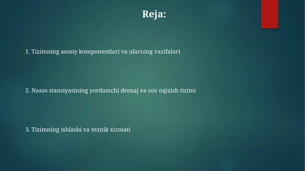 sarfini kamaytiradi va ishonchlilikni oshiradi. avtomatik boshqaruv tizimi avtomatik boshqaruv tizimi real vaqt rejimida 10 dan ortiq parametrlarni, jumladan, nasoslarning ishlash tezligini va suv sathi ko'rsatkichlarini monitoring qiladi va avtomatik ravishda sozlashlarni amalga oshiradi. tizim 99% ishonchlilik darajasini ta'minlash uchun ortiqcha zaxira tizimlari bilan jihozlangan bo'lib, bu uzilishlar xavfini sezilarli darajada kamaytiradi. avtomatlashtirilgan boshqaruv tizimi kundalik operatsion xarajatlarni 15% ga kamaytirish orqali energiya samaradorligini oshirishga yordam beradi. suv oqizish tizimining asosiy elementlari насос станциясидаги сув оқизиш тизими камида иккита, резервдаги насослар билан жиҳозланган бўлиши керак, бу тизимнинг ишончлилигини таъминлайди. сув оқизиш тизимининг асосий элементларига 2-3 та диаметри 100-150 мм бўлган қувурлар, ёмғир сувларини йиғиш жойлари ва насос станциясига боғловчи коллекторлар киради. сув оқизиш тизимига кирувчи ҳар бир қувурнинг майдони камида 200 мм² бўлиши, ҳар 50 метрга бир танаффус ўрнатилиши лозим. e'tiboringiz uchun rahmat @taqdimot_robot image1.png image2.png image3.png image4.png image5.png image6.png image7.png image8.png image9.png image10.png