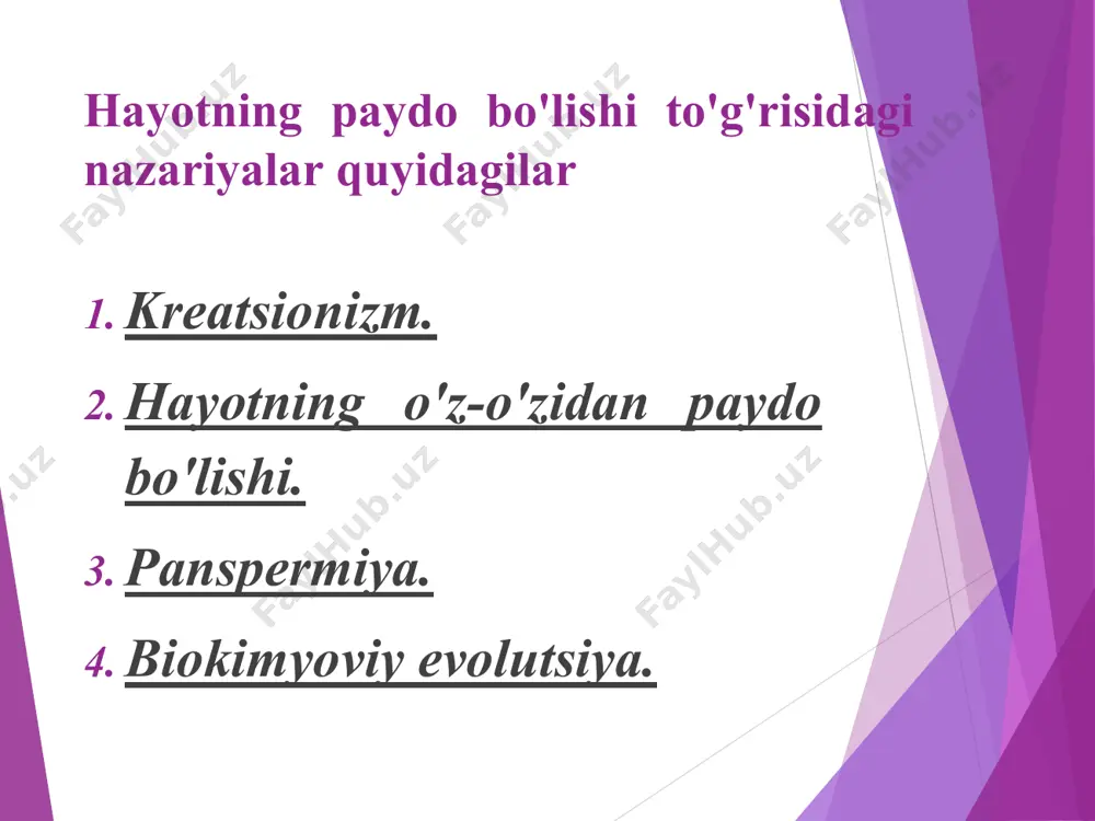 953 yil) u qizdiril gan metan, ammiak, vodorod va suv bug'lariga elektr uchquni ta'sir etib (42-rasm) asparagin, glitsin, glutamin aminokislotalarini sun'iy sintezladi (bu sistemada gazlar birlamchi atmosferani, elektr uchquni esa yashinni imitatsiyalaydi). d. oro vodorod sianid, ammiak va suvni qizdirib adeninni sin-tezlaydi. metan, ammiak va suv aralashmasidan ionlashtiruvchi nurlar ta'sirida riboza va dezoksiriboza sintezlandi. bunday tajri-balar natijasi ko'plab tadqiqotlarda tasdiqlandi. keyinchalik koaservantlar va protobiontlardan dastlabki oddiy ko`rinishdagi hujayralar paydo bo`lgan. e`tiboriz uchun rahmat !