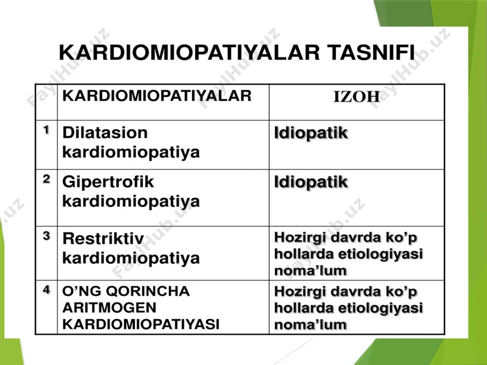 tuz iste’moli kamaytiriladi. -apf ingibitorlari (kaptopril, enalapril, perindopril) simptomatik effekt beradi va yurak yetishmovchiligining rivojlanish tempni kamaytiradi. -kichik dozada beta-blokatorlar (karvedilol). -diuretiklar (furosemid, veroshpiron). -bo’lmachalar fibrillyasiyasida yurak glikozidlari qo’llaniladi (digoksin). - yurak aritmiyasini davolash: beta-blokatorlar, antiaritmiklar gipertrofik kardiomiopatiya yurakning birlamchi shikastlanishi bo’lib, bunda yurak devorlari kalinlashadi va asosan yurak diastolik yetishmovchiligi rivojlanadi. gk obstruktiv, ya’ni chq chiquvchi traktining torayashi, va no’obstruktiv bo’ladi. gipertrofiya simmetrik yoki assimetrik (ya’ni devorlaridan birining gipertrofiyasi) bo’ladi. gipertrofiya faqat yurak choqqisida kuzatilishi mumkin. agar gipertrofiya qorinchalararo to’siqning yuqori qismida rivojlansa (aortal klapan fibroz uzugi ostida) – subaortal stenoz deb ataladi. gk katta foiz holda yurak aritmiyalari (qorinchalar ekstrasistoliyasi, paroksizmal taxikardiyasi) rivojlanadi. diastolik chq yetishmovchiligi rivojolanishi yurak yetishmovchiligiga olib keladi. 50% holda to’satdan yurak o’limi rivojlanishi mumkin. epidemiologiyasi 0.2% aholida uchraydi. erkaklar ko’proq kasallanadi. 100000 odamga 3 ta bemor to’g’ri keladi. etiologiyasi irsiy kasallik hisoblanadi (yurak oqsillari genlari mutasiyasi). ko’pincha oilaviy rivojlanadi. patogenezi. genlar mutasiyasi tufayli chq …