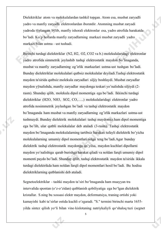 rakkab birikmalari s. hisoblanadi. segnetoelektrik xossaga ega boʻlgan kristallarda simmetriya markazi boʻlmaydi, butun musbat ionlar markazi bilan manfiy ionlar markazi mos tushmaydi. bu esa spontan qutblanishning hosil boʻlishi uchun fizik sharoitni yaratadi. s. boshqa dielektriklardan quyidagi harakterli xossalari bilan farq qiladi: 1) oddiy dielektriklarda dielektrik kirituvchanlik ye bir necha birlikka (mas, suv uchun ye = 81) teng boʻlsa, s. uchun ye bir necha mingga teng boʻlishi mumkin; 2) ye ning qiymati maʼlum tra intervalida kuchli oʻzgarib boradi. mas, bariy titanat uchun tra 120° dan 80° gacha pasayishida ye ning qiymati 2000 dan 6000 gacha ortib boradi va soʻngra yana kamayib ketadi; 3) s. dielektrik kirituvchanliklari tashki elektr maydon kuchlanganligiga bogʻliq ravishda oʻzgarib boradi, boshqa dielektriklarda esa ye moddani harakterlovchi kattalik boʻlib, maydon kuchlanganligiga bogʻliq emas; 4) elektr maydon oʻzgarganda qutblanish vektori r ning qiymatlari maydon kuchlanganligi £ ning qiymatlaridan kechikib oʻzgaradi. natijada r, ye ning ayni vaqtdagi qiymatlarigagina bogʻliq boʻlmay, …