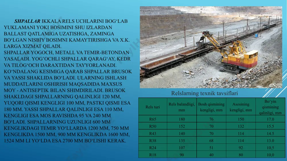 bo‘lishi mumkin. relslarning uchlari nakladka va bolt yordamida birlashtiriladi. relyeslarni ulashning “qattiq” (shpalda yoki tirgakli) va osma, egiluvchan (elastik) xillari mavjud. vagonchalarnig vazni uncha og‘ir bo‘lmagan kam harakatli xamda ikkinchi darajali yo‘llarda rels uchlari qattiq ulanadi. elastik ulash uslubi esa serharakt va g‘ildirakga katta yuk tushadigan hollarda qo‘llaniladi. yuk tashishda ikkita yaqinlashtiriladigan shpallar oralig‘ida joylashadigan elastik ulash xili yaxshi natija beradi (14-rasm). harakatdagi sostavning chayqalishini kamaytirish maksadida “osma” elastik ulash ikala temir yo‘l izda aniqlik bilan bir-birining qarshisiga joylashtiriladi. biriktiruvi nakladkalar – relslarning uchlarini bir-biri bilan ulash uchun ishlatiliib, ular yassi burchakli, fartukli va peshbandli ko‘rinishda bo‘ladi. kontaktli tashqaridan tok oladigan elektovozlar yordamida yuk tashiladigan hollarda ikki relsning uchlari nakladka orqali ulashdan tashqari maxsus peremichka – tok o‘tkazuvchi sim yoki yassi metall orqali xam ulanadi (4.4-rasm, a). bu holat peremichkani tok o‘tishiga qarshiligi 18 kg/m li relslar uchun -0.00024 om va 24 kg/m li relslar uchun -0.00025 om dan oshmasligi …