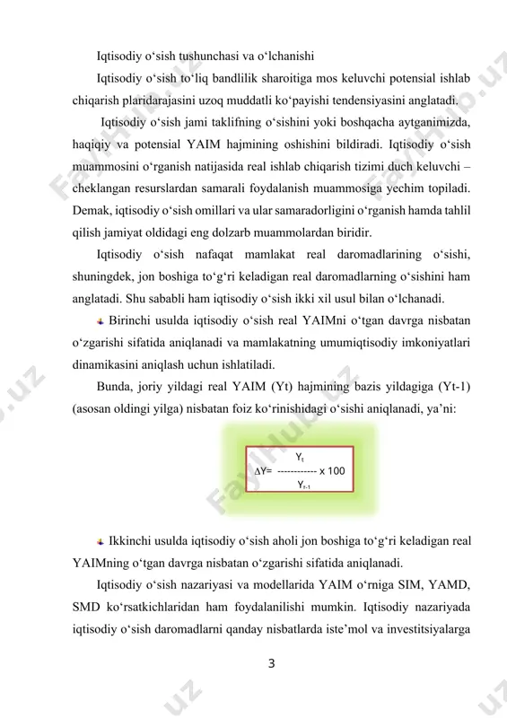 k yangiliklarning moddiylashishini aks ettiradi. iste’mol va investitsiya o‘rtasida yetarlicha muqobillik mavjud, chunki, joriy iste’mol miqdorining oshishi investitsiyalarning daromaddagi ulushini pasaytirish iqtisodiy o‘sish imkoniyatlarini qisqartiradi. iqtisodiy o‘sish real kattaliklarda, qiyosiy baholarda o‘lchanadi. har bir mamlakat iqtisodiy o‘sishga intiladi, chunki iqtisodiy o‘sish: 1. birinchidan, milliy mahsulot hajmi va daromadning ko‘payishiga; 1. ikkinchidan, resurslardan samarali foydalanishga; 1. uchinchidan, yangi-yangi ehtiyojlar va imkoniyatlarning paydo bo‘lishiga; 1. to‘rtinchidan, xalqaro bozorlarda mamlakat obro‘sining oshishiga olib keladi. 13.2. iqtisodiy o‘sishga omillari va tiplari real ishlab chiqarish hajmlarining uzoq muddatli o‘sishi sur’atlarini, ko‘lamlarini, samaradorligi va sifati oshishini belgilovchi hodisa va jarayonlar iqtisodiy o‘sish omillari deyiladi. iqtisodiy o‘sish omillari ikki guruhga ajratiladi: birinchi guruh omillari iqtisodiy o‘sishni fizik (ashyoviy) jihatdan ta’minlaydi. bu guruh ishlab chiqarish omillariga quyidagilar kiritiladi: 1. tabiiy resurslar soni va sifati; 1. mehnat resurslari soni va sifati; 1. asosiy kapital hajmi; 1. texnologiyalar va ishlab chiqarishning tashkil etilganlik darajasi; 1. jamiyatda tadbirkorlik malakalarining rivojlanish darajasi. …