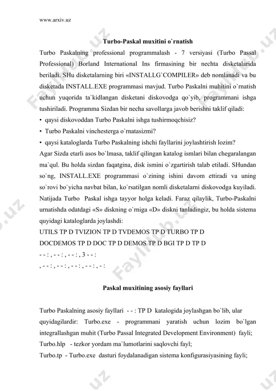 our.exe - integrallashgan muhitda ishlashni tanishtiruvchi dastur. bulardan tashqari, bgi tp d ғ ғ : katalogida paskalning grafik rejim ishini ta`minlovchi fayllar mavjud: graph.tpu - turbo paskalning barcha grafik dasturlarini ishlashi uchun zarur bo`lgan modul; bgi kengaytmali bir nechta fayl-videosistemalarning turli tiplari bilan ishlashni ta`minlovchi drayverlar; chr kengaytmali bir nechta fayl - vektorli shriftlarni o`z ichiga oluvchi fayllar. turbo-paskal muhitida ishlash bugungi kunda kasb-xunar kollejlarida va oliy ta`lim muassasalarida turbo paskalning 5-7 versiyalari keng tarqalganligini va undan foydalanish qulayligini hisobga olingan xolda, quyida turbo paskalning shu versiyalari uchun umumiy bo`lgan tomonlarini ko`ramiz. turbo paskal muhiti turbo.exe faylidan ishga yuklanib, uning asosiy vazifasi paskal tilidagi programmani taxrirlash va mashina kodiga o`tkazishdan iboratdir. turbo paskal muhitini yuklash natijasida bosh menyu hosil bo`lib, uni aktivlashtirish uchun, f10 tugmachasidan foydalaniladi. bosh menyu quyidagi bo`limlarni o`z ichiga oladi: file *.pas kengaytmali fayllari va turbo paskalga tegishli bulgan kataloglar ustida turli amallar bajaradi; edit yuqori menyudan …