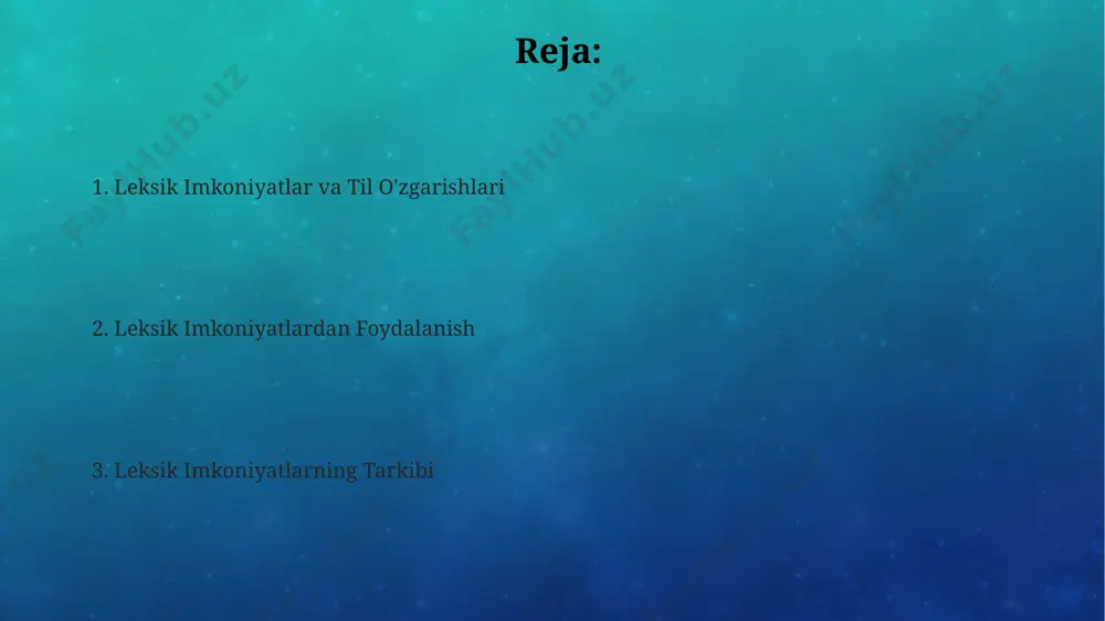 oyligi va uning chegaralari tilning imkoniyatlari chegaralangan emas, lekin 100 yil ichida 300 mingdan ortiq yangi so'z paydo bo'lishi ehtimoldan yiroq, chunki tilning rivojlanishi asta-sekin jarayon hisoblanadi. o'zbek tilining lug'at tarkibi geografik jihatdan, masalan, xorazm va farg'ona vodiylarining dialektlari, turli sohalardagi terminologiya boyligi bilan farq qiladi. so'z boyligi 50 000 dan ortiq so'zlarni o'z ichiga olgan o'zbek tilida 20-asr davrida sezilarli darajada boyitilgan, biroq zamonaviy texnologiyalar va globalizatsiya yangi atamalarni talab qilmoqda. leksik ma'nolar ko'p qirrali oʻzbek tilining leksik boyligi, xususan, samarqand viloyati shevalarida 200 ga yaqin sinonimlar mavjudligi bilan tavsiflanadi. bu esa soʻzlarning maʼno koʻp qirrali ekanligini yaqqol namoyon etadi. leksik maʼnolarni oʻrganishda, 19-asrda rus tilshunoslari tomonidan olib borilgan tadqiqotlar, hozirgi zamon oʻzbek tilining leksik boyligi va soʻzlarning koʻp qirrali maʼnolarga ega ekanligini tasdiqlaydi. bu jarayon toshkent universitetining tilshunoslik kafedrasi tomonidan davom ettirilmoqda. leksik maʼnolar koʻp qirrali ekanligi, masalan, "yugurish" soʻzi 5 ta maʼnoda ishlatilishi mumkinligini koʻrsatadi: jismoniy harakat, …