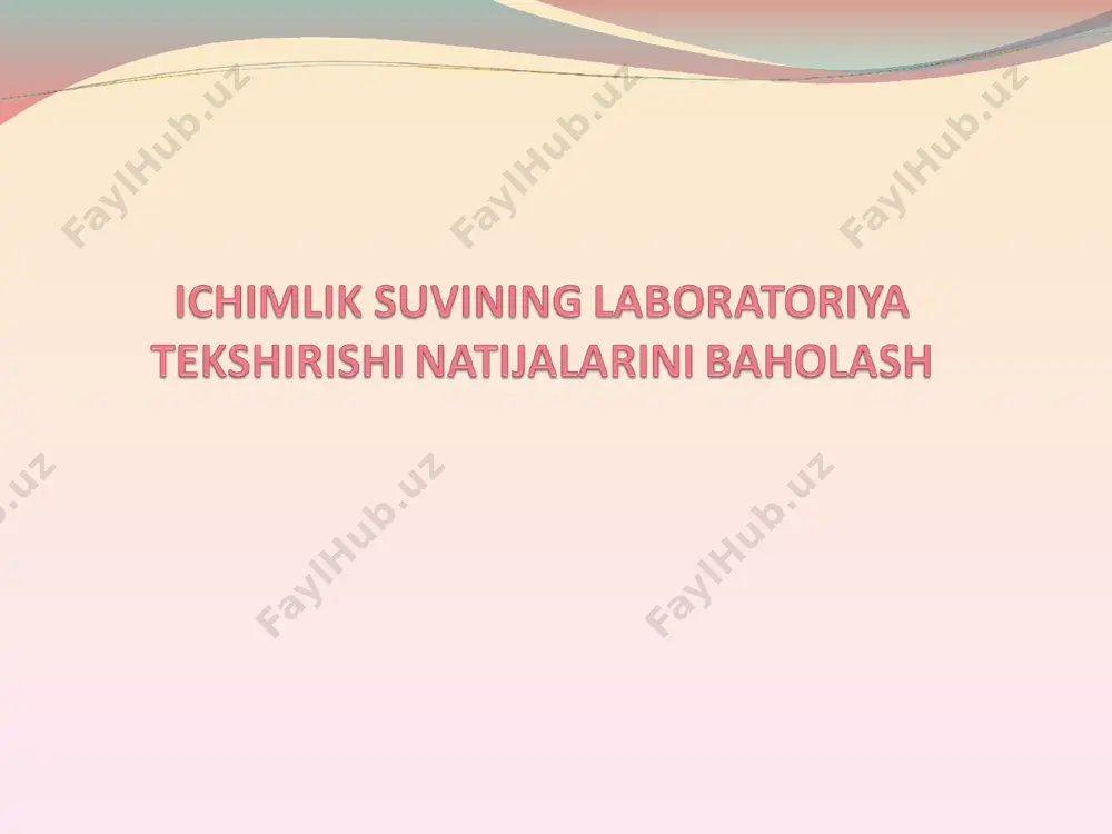 qlash (umumiy, maxsus parazitologik yoki virusologik); - 950-2000 davlat standartiga muvofiq mikrobiologik ko‘rsatkichlarni baholash. 5.950-2000 davlat standarti talablariga muvofiq. radioaktiv ifloslanish ko‘rsatkichlarini baholash (agar suvning radiometrik analizi o‘tkazilgan bo‘lsa). 6. tekshirilayotgan suvning 950-2000 davlat standarti «ichimlik suvi» talablariga muvofiqligi haqida xulosa berish.