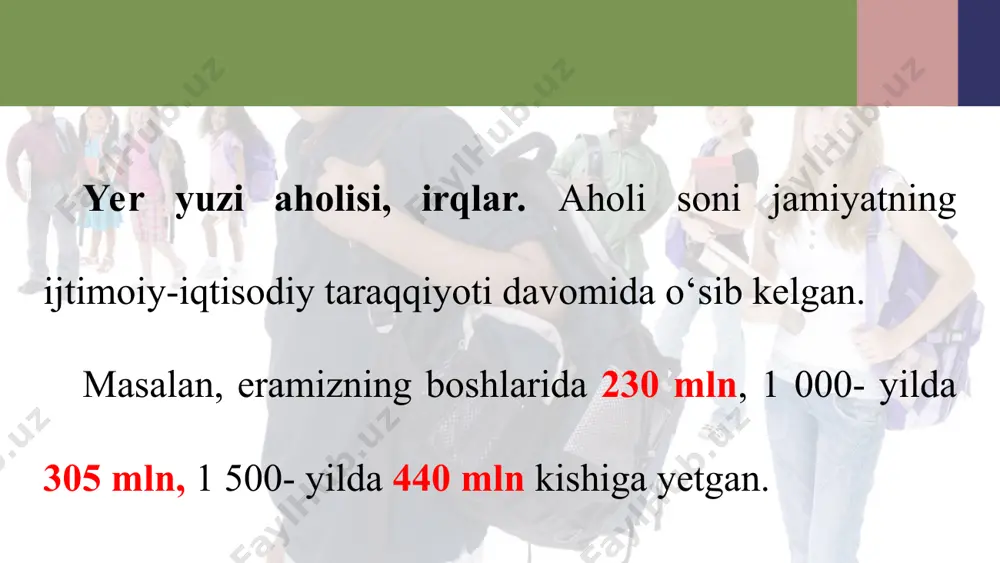 yliklar va ularning inson uchun ahamiyati. inson o‘zining kundalik ehtiyojlarini qondirish maqsadida tabiat boyliklaridan foydalanishga majbur. tabiat boyliklarini beshta asosiy guruhga ajratish mumkin: mineral, iqlimiy, suv, yer va biologik boyliklar. aholining yashashi uchun yoqilg‘i, rudali va noruda mineral boyliklar zarur. ularsiz jamiyatning ijtimoiy-iqtisodiy taraqqiyotini tasavvur etish qiyin. rudali foydali qazilmalarga temir, mis, olmos, oltin, uran va boshqalar, noruda mineral boyliklarga oltingugurt, fosforit, osh tuzi va boshqalar kiradi. insoniyatning qishloq xo‘jalik mahsulotlariga bo‘lgan talabini qondirish hamda tabiat qo‘ynida dam olishi (rekreatsiya) uchun iqlimiy boyliklarning ahamiyati beqiyos. xo‘jalikda eng ko‘p foydalaniladigan tabiiy boylik suv hisoblanadi. „suv bor joyda hayot bor“, „suv tugagan joyda hayot tugaydi“, degan xalq maqollari suvning bebaho tabiiy boylik ekanligidan dalolat beradi. dehqonchilikni rivojlantirishda hosildor tuproqlarning ahamiyati juda katta. muayyan hududning hayvonot olami va o‘simlik qoplami biologik boyliklarni tashkil etadi. bu boyliklarning eng muhim xususiyati ularni qayta tiklash mumkinligidir. aholining tabiat bilan aloqadorligi. inson o‘z ehtiyojlari uchun zarur bo‘lgan …