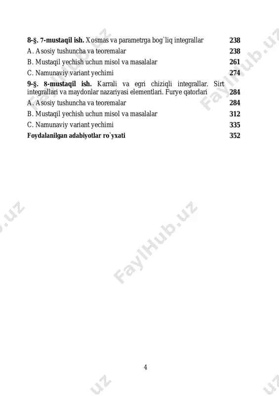 o`zlashtirishini yengillashtirish maqsadida 1 ta variantdagi (21-variant) barcha misol va masalalar to`liq yechib ko`rsatilgan. qo`llanmani tayyorlashda mualliflar tomonidan mavzularning oddiy va sodda tilda, tushunarli va ravon bayon etilishiga, faqat zarur, lekin fanni malakali tushunish uchun yetarli ma`lumotlarni berishga, mirzo ulug`bek nomidagi o`zbekiston milliy universiteti mexanika-matematika fakultetida matematik analiz fanining o`qitilishi jarayonida yig`ilgan tajribalardan imkon darajasida to`liq foydalanishga harakat qilindi. shu munosabat bilan mualliflar o`quv qo`llanma talabalarda bilim olishga intilish hissi, mustaqil fikrlash malakalarining shakllanishiga xizmat qiladi, deb umid bildiradilar. 7 1-§. asosiy formula va qoidalar. 1 0 . qisqa ko`paytirish formulalari va nyuton binomi 1.   222 2 bababa  . 2.   32233 33 babbaaba  . 3.   322344 464 abbabaaba  4b . 4.   bababa  22 . 5.   2233 babababa   . 6.         n k n k knkk n kknk …