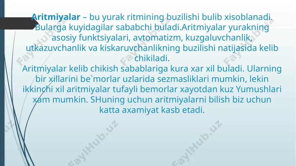 fiziologik va patologik buladi. fiziologik sinus taxikardiyasi ovkatlanishdan keyin, jismoniy zurikishda, tananing kizib ketishida, kofe, achchik choy ichgandan keyin, xayajonlanganda, atropin kabul kilganda paydo buladi. patologik sinus taxikardiyasi yurak etishmovchiligida, miokarditlarda, yurak illatlarida, tireotoksikozda, miokard infarktida, lixoradka xolatida, intoksikatsiyalarda paydo buladi. bemorlarning kupincha shikoyatlari bulmaydi, goxida yurak urib ketishlari bezovta kilishi mumkin. kuruvda bemorlarning yuzi biroz kizargan, pul`slar soni 90-180 ta atrofida. auskul`tatsiyada yurak tonlari biroz kuchaygan. ekgda asosan 2 xil uzgarishlar kuzatiladi. sinus ritmi saklanganligi, ya`ni r tishcha korinchalar kompleksining oldida keladi va musbat buladi r-r masofa kiskarib yurak urishlari soni 90-180 ta atrofida buladi. sinus bradikardiyasi. sinus bradikardiyasi deb sinus ritmi saklangan xolda yurak kiskarishlari sonining 40-59 martagacha kamayishiga aytiladi. sinus bradikardiyasi xam sinus taxikardiyasi singari fiziologik va patologik bulishi mumkin. fiziologik sinus bradikardiyasi jismoniy mexnat va sport bilan shugullanuvchi odamlarda xamda uyku paytida kuzatilishi mumkin. patologik sinus bradikardiyasi adashgan nerv ta`sirlanishiga olib keluvchi kasalliklarda yuzaga keladi. bularga …