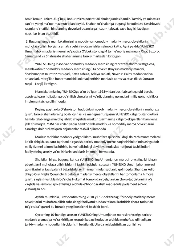 peksiyasi bilan birgalikda arxeologik yodgorliklarni ro`yxatga olish va katalogini yaratish borasida amalga oshirilayotgan tadqiqotlar jarayonida qariyb 30 foiz yodgorliklar qabriston sifatida foydalanilayotganligi ma‟lum bo`ldi. xususan, birgina shahrisabz tumanida bu ko`rsatkich 23 foizni tashkil etmoqda. zero, sobiq sho`rolar davrida amalga oshirilgan ushbu amaliyot natijasida yodgorliklarni qariyb 2 metrlik madaniy qatlamni buzilishiga olib kelgan. ayni vaqtda yodgorliklar noto`g`ri, noqonuniy ravishda olib borilgan qazishmalar, yodgorliklar yoki uning atrofidan tuproq olinishi kabi jarayonlar ham arxeologik yodgorliklarning buzilishiga sabab bo`lishi mumkin. yuqoridagi qayd qilingan omillarni tahlil qilgan holda yodgorliklarni saqlash va muhofaza qilishda quyidagi kompleks chora tadbirlarni amalga oshirish samarali natija beradi. birinchidan respublikadagi arxeologik yodgorliklar katalogini yaratish va yagona gis sistemasiga kiritish hamda yodgorliklarni muhofaza tegralarini belgilash. hozirgi vaqtda samarqan, farg`ona, namangan, andijon viloyatlarida ushbu ishlar deyarli o`z yakuniga yetgan bo`lsa, qolgan viloyatlarda bu borada keng ko`lamli ishlar amalga oshirilmoqda. ikkinchidan, yodgorliklar muhofaza qilishda keng aholi qatlamini jalb etish va ularda o`z tarixiga, qadriyatiga …