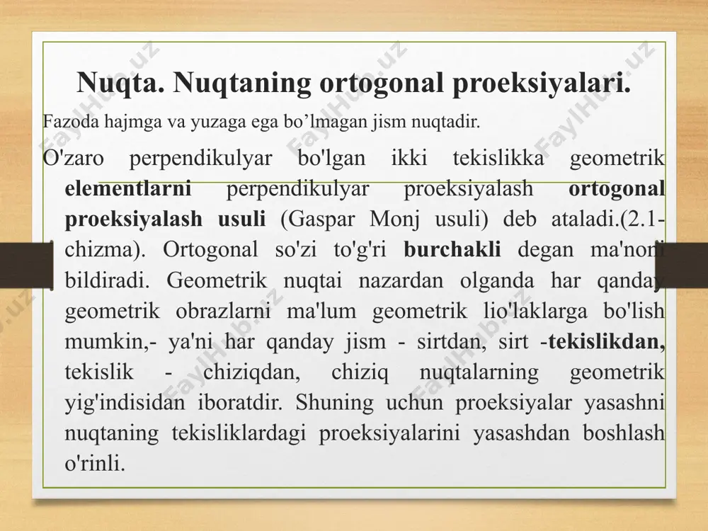 osil bo‘lgan to‘g‘ri chiziqlar proyeksiyalar yoki koordinata o‘qlari deyiladi va ox, oy, oz harflari bilan belgilanadi. proyeksiyalar o‘qlarini tashkil qiluvchi ox – abssissalar o‘qi, oy – ordinatalar o‘qi va oz – applikatalar o‘qi deb ataladi. buni h, v va w proyeksiyalar tekisliklari sistemasi deb yuritiladi. natijada h, v va w proeksiyalar tekisliklari bitta tekislik bo'lib qoladi (8 – chizma) a nuqtaning gorizontal proeksiyasini chizish uchun a(x,y). a(«) -» ax(«)dan ii [oy) n ay(«)dan ii [ox) a nuqtaning frontal proeksiyasini chizish uchun a'(x,z). a'(») -> ax(«)dan ii [oz) n az(»)dan ii [ox) nuqtaning gorizontal proeksiyasi bilan frontal proeksiyasi bitta vertikal bog'lovchi chiziqda yotadi. [a' a] 1 [ox) nuqtaning frontal proeksiyasi bilan profil proeksiyasi bitta gorizontal bog'lovchi chiziqda yotadi. [a' a"] 1 [oz) sakkizta oktantdagi proeksiyalar o'qlarining ishoralari 1- jadvalda ko'rsatilgan. biror nuqta berilgan koordinatalariga asosan fazoning turli oktantlaridan birida joylashgan bo‘lishi. buni aniqlash uchun takror koordinata o‘qlarining yo‘nalishi ishoralariga asosan quyidagi …