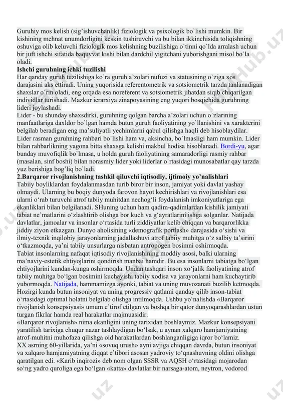 a amal qilinadigan kattagina bir maktabning pedagoglar jamoasi kiritilgan bo`lishi mumkin. katta guruhlar ba’zan bir belgilari (sinfiy, jinsiy, milliy, yesh va boshqa belgilari) ga binoan ajratiladigan va birlashtiradigan shartli guruhlar shaklida bo`lishi ham mumkin. katta shartli guruhga kiritilgan kishilar hech qachon bir - birlari bilan uyushmagan bo`lmasa ham, lekin bu xildagi guruhga ajratilgani uchun asos bo`lgan belgilariga ko`ra umumiy sotsial va psixologik ta’rifga ega bo`lishlari mumkin. kichik guruhlar - hamisha bog’langan umumiylik bo`lib, unga kiruvchi shaxslarning o`zaro birgalikdagi real harakati va ular o`rtasidagi real harakati va ular o`rtasidagi real o`zaro munosabatlar bilan bog’langandir. bu guruhlar rasmiy (formal) bo`lishi, ya’ni yuridik jihatdan qayd etilgan huquq va burchlarga, normativ asosida o`rnatilgan strukturaga, tayinlab yoki saylab qo`yilgan rahbarlikka ega bo`lishi mumkin. shuningdek, yuridik jihatdan qayd etilgan statusga ega bo`lmagan, ammo tarkib topgan shaxslararo munosabatlar (dustlik, xayrixoxlik, xamjihatlik, ishonch va shu kabilar) tizimi bilan ifodalanadigan norasmiy (ko`pincha ularni noformal deb ham atashadi) guruhlar ham …