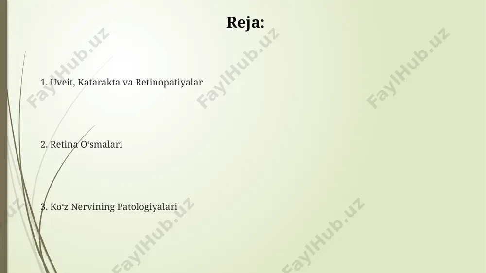 tlanishlarining dastlabki aniqlanishiga ko'rish o'tkirligining 20/40 dan pastga tushishi, ranglarni farqlash qobiliyatining pasayishi va ko'rish maydonining torayishi kabi belgilar kiradi. ko'z nervi shikastlanishini aniqlashda vizual chaqiriq potentsiali (vep) tekshiruvi muhim ahamiyatga ega bo'lib, u ko'z nervining funksiyasini 0,1 millisekund aniqlikda o'lchaydi. ko'z nervi bosh miya bilan bog'liq shikastlanishlarni aniqlashda magnit-rezonans tomografiya (mrt) va kompyuter tomografiya (kt) kabi tasvirlash usullari qo'llaniladi, bu esa 1 mm dan kamroq o'lchamdagi anomaliyalarni aniqlash imkonini beradi. uveitlar, kataraktalar va retinopatiyalarning davolash usullari diabetik retinopatiyaning dastlabki bosqichlari lazer fotokoagulyatsiya yordamida davolanadi, bu esa qon tomirlarining o'sishini to'xtatadi va ko'rishni saqlashga yordam beradi, jarayon taxminan 30 daqiqa davom etadi. uveitlarni davolashda kortikosteroidlar, 0,1% dan 4% gacha bo'lgan konsentratsiyada, mahalliy yoki sistemali qo'llaniladi, shuningdek, immunomodulyatorlar va immunosupressantlar ham qo'llanilishi mumkin. kataraktalarning jarrohlik davolasi, facoemulsifikatsiya usuli yordamida, linzalarni olib tashlash va sun'iy linzalarni implantatsiya qilishni o'z ichiga oladi, muvaffaqiyat darajasi 95% dan yuqori. kataraktalarning turlari va davolash usullari kataraktaning …