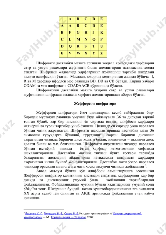 ва турли тартибда ўйиб ёзилган. цилиндр ён сиртида ўққа параллел бўлган чизиқ ажратилган. шифрматн шакллантиришда дастлабки матн 36 символли гуруҳларга бўлиниб, гуруҳнинг 1-ҳарфи биринчи дискнинг ажратилган чизиқда биринчи диск ҳолати билан, иккинчиси – иккинчи диск ҳолати билан ва ҳ.к. белгиланган. шифрматн ажратилган чизиққа параллел бўлган ихтиёрий чизиқда ётган ҳарфлар кетма-кетлиги сифатида шакллантирилган. дастлабки матнни тиклаш бунга тескари тартибда бажарилган: дискларни айлантириш натижасида шифрматн ҳарфлари ажратилган чизиқ бўйлаб жойлаштирилган. дастлабки матн ўзаро параллел чизиқлар орасидан маънога эга матн ҳосил қилувчи чизиқда жойлашган [footnoteref:2]. [2: баричев с. г., гончаров в. в., серов р. е. история криптографии // основы современной криптографии — м.: горячая линия — телеком, 2002.] аввал маълум бўлган кўп алифболи алмаштиришга асосланган жефферсон шифратор калитининг қисмлари сифатида ҳарфларнинг ҳар бир дискда ва дискларнинг умумий ўқда жойлашиш тартибларидан фойдаланилган. фойдаланилиши мумкин бўлган калитларнинг умумий сони (26!)36га тенг. шифрнинг бундай юксак криптобардошлиликка эга эканлиги xx асрга келиб тан олинган ва ақш армиясида …